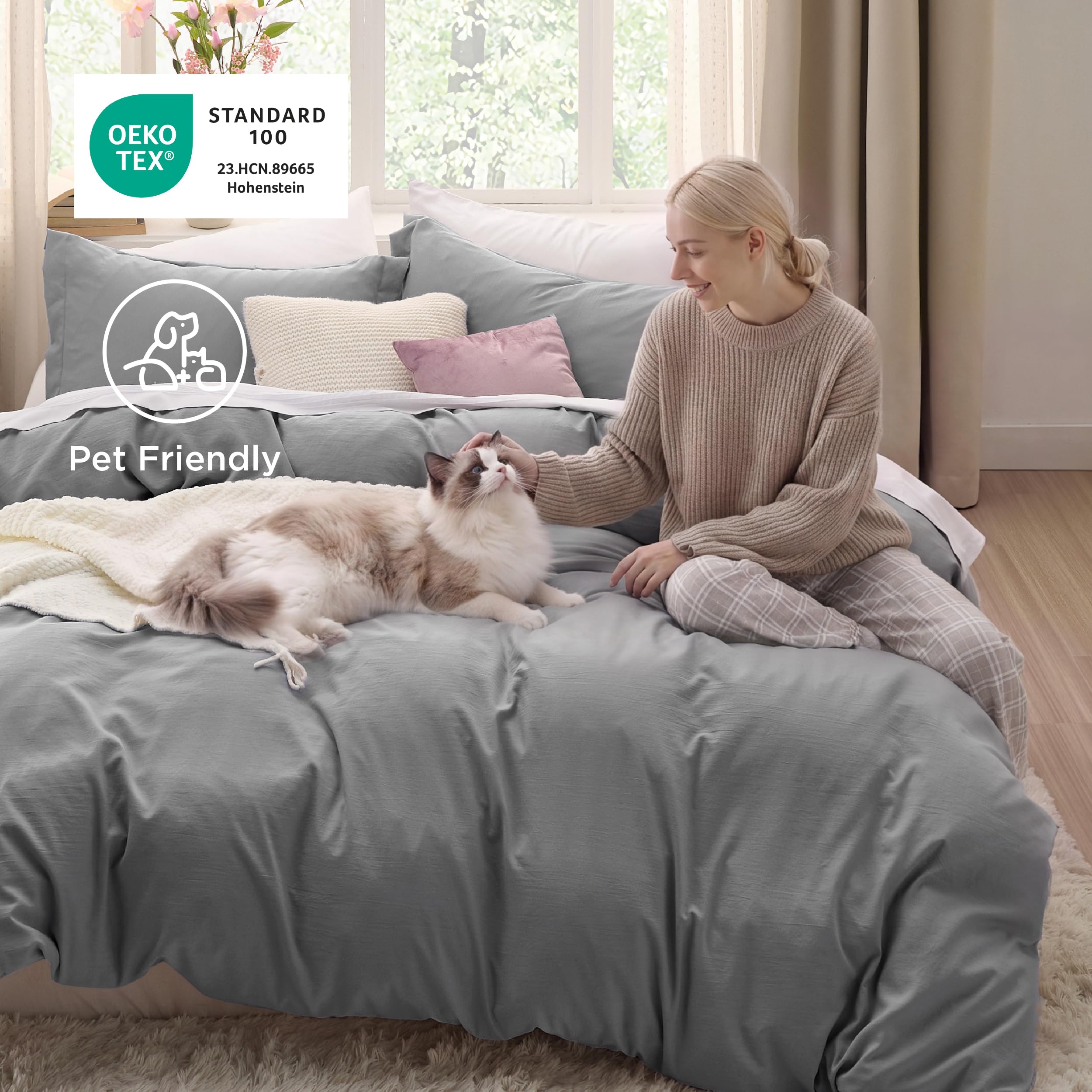 Bedsure on queen bed showing full drape and modern neutral styling