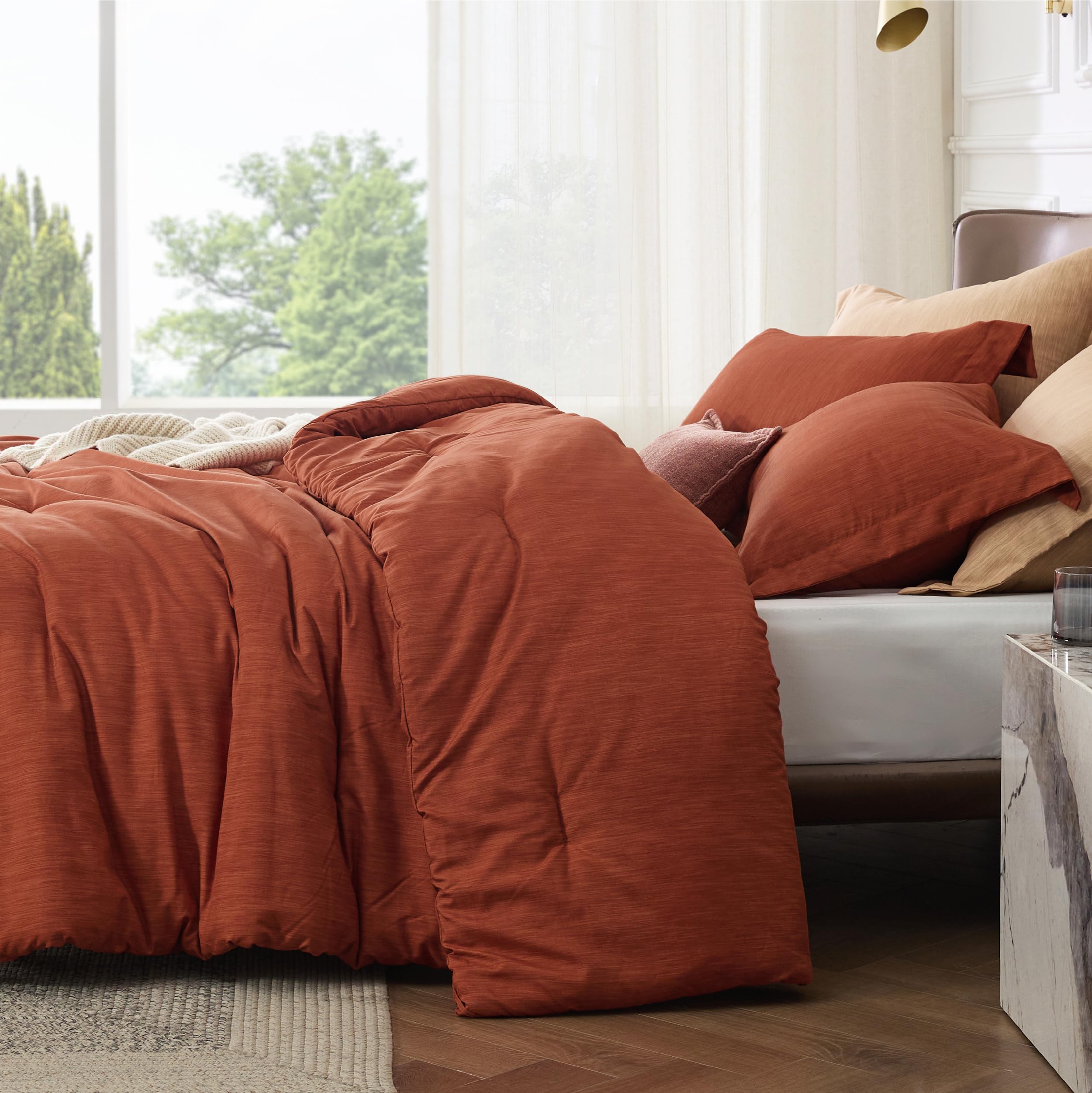 Bedsure orange fabric texture close-up highlighting soft heathered finish