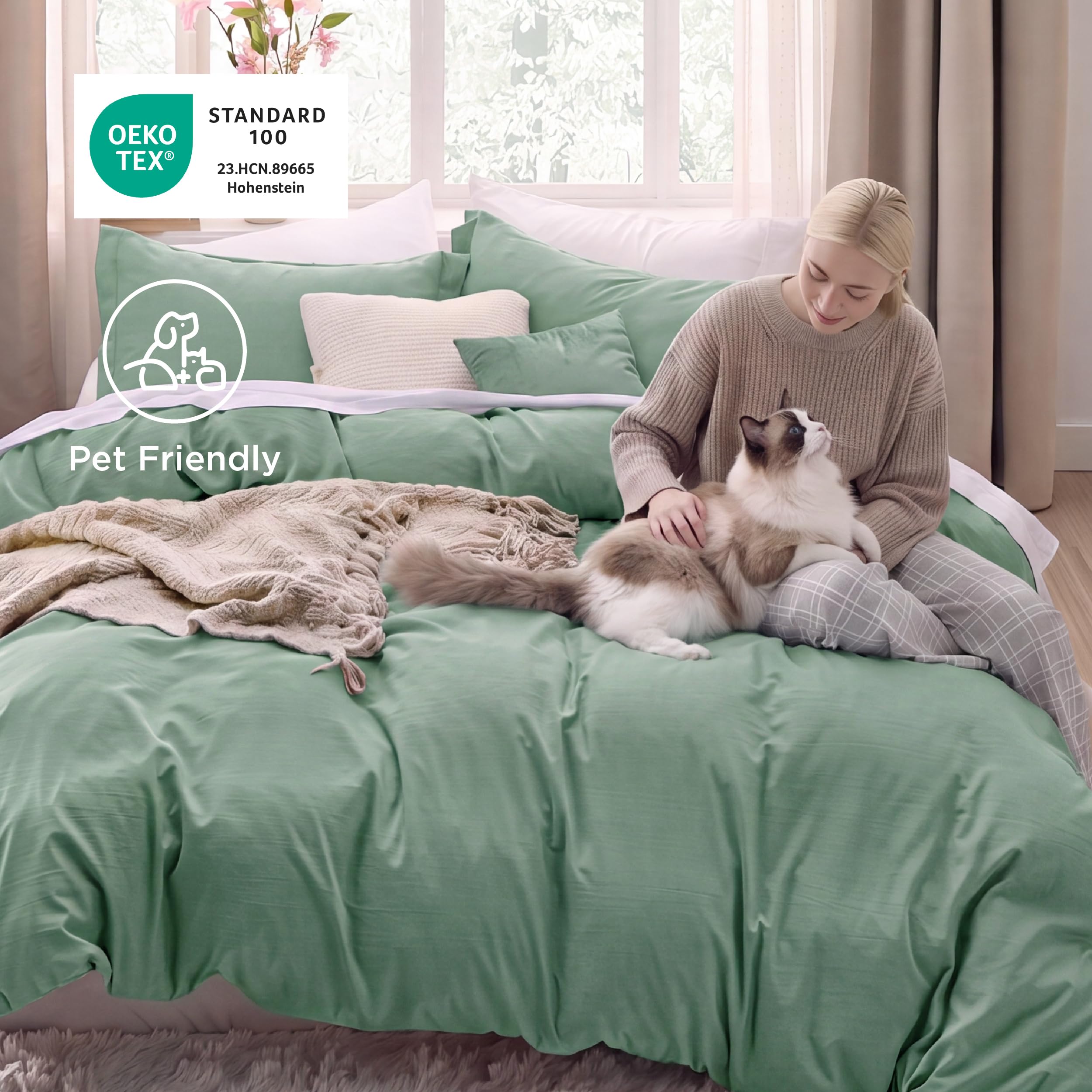 Bedsure pillow shams laid flat showing matching sage green and easy-care benefit
