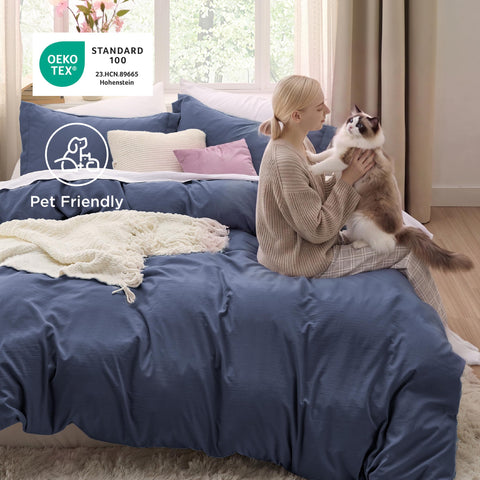 Bedsure pillow shams front view showing matching navy finish and plush support for pillows