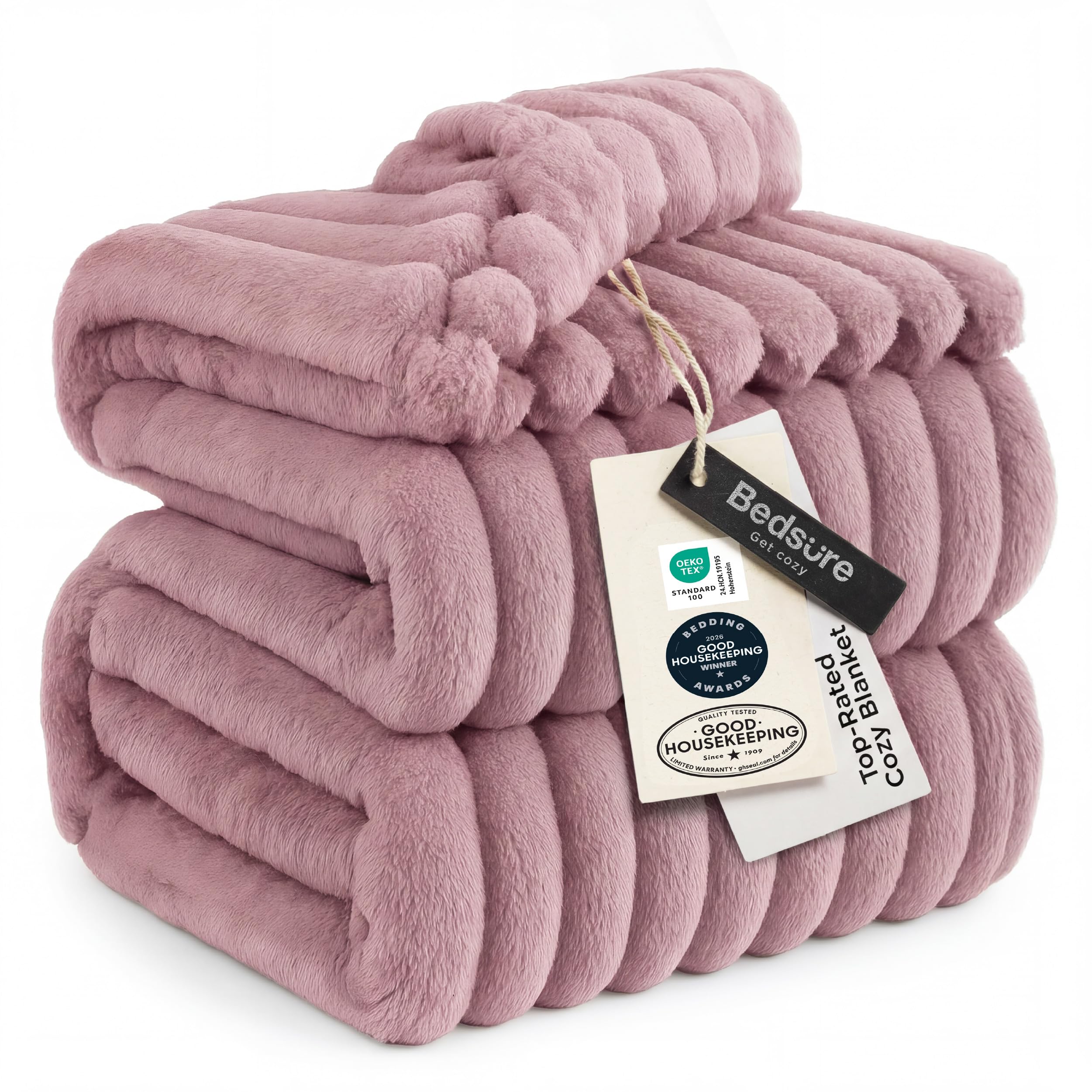 Bedsure pink blanket front view showing full size and plush pile for cozy comfort