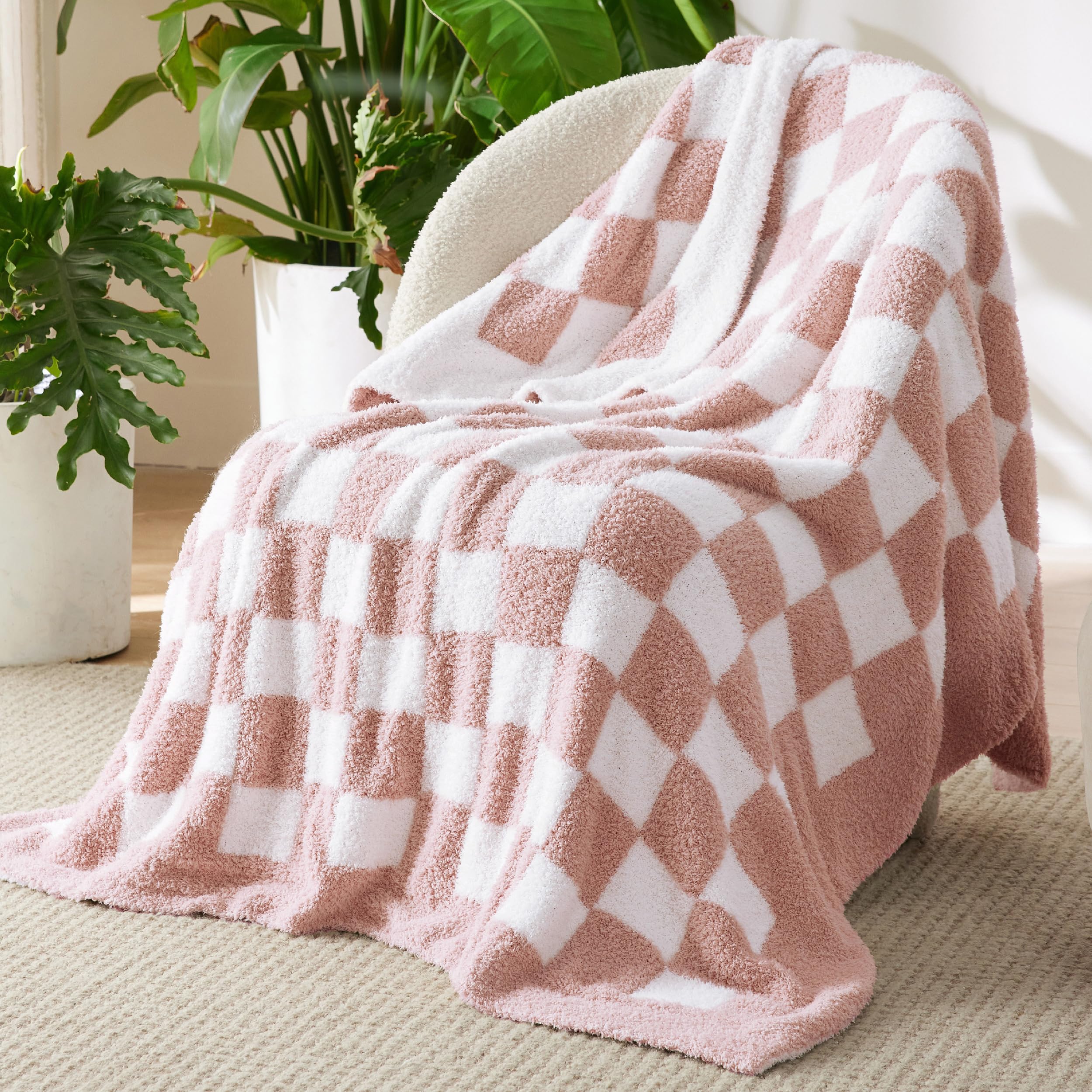 Bedsure pink checkered front view showing soft texture and color benefit