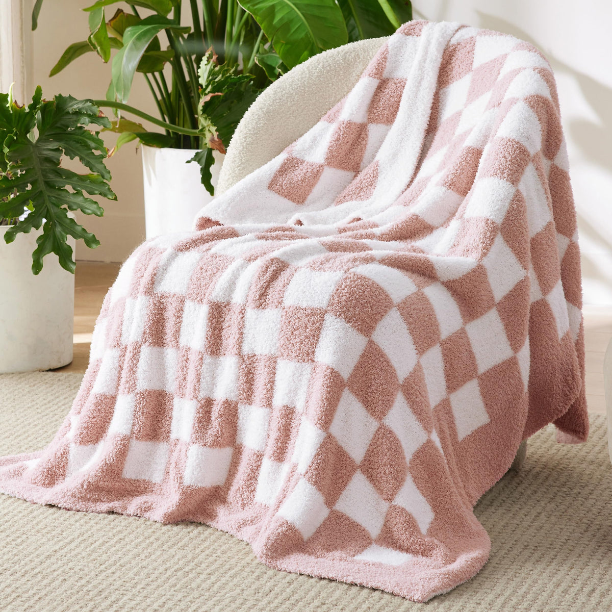 Bedsure pink checkered front view showing soft texture and color benefit