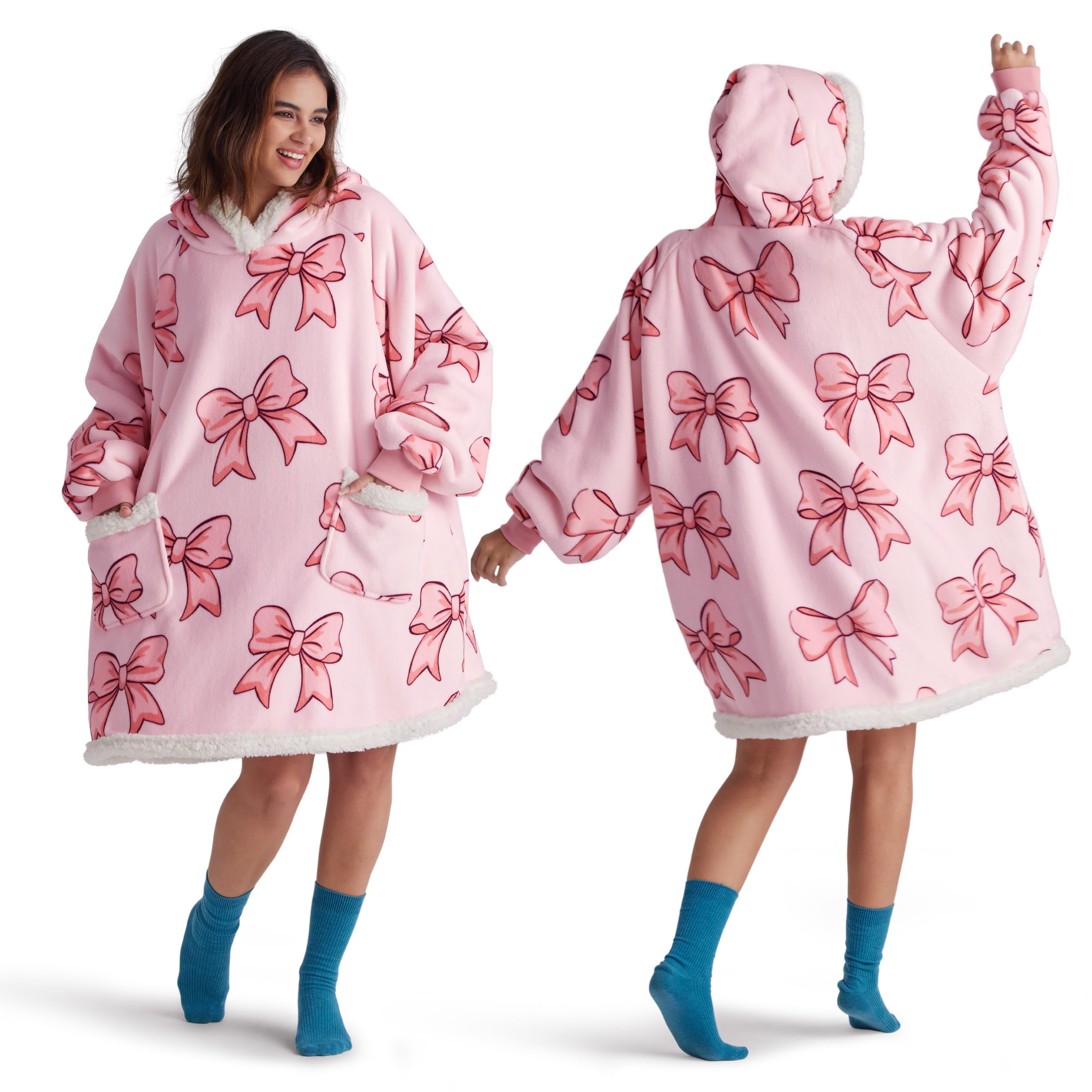 Bedsure pink wearable blanket front view showing cozy fit and hood