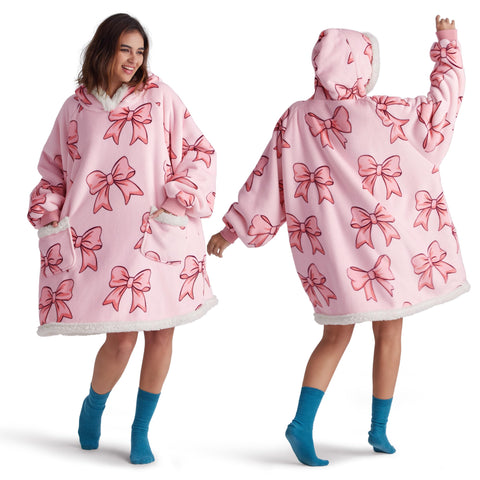 Bedsure pink wearable blanket front view showing cozy fit and hood