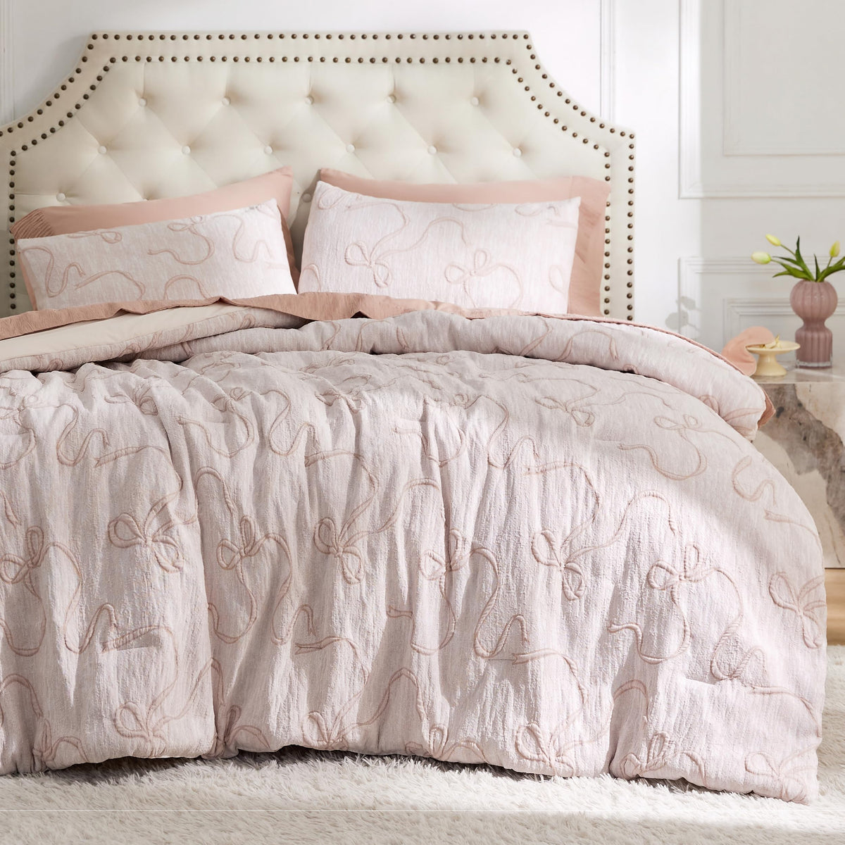 Bedsure front view of pink king comforter showing full decorative benefit