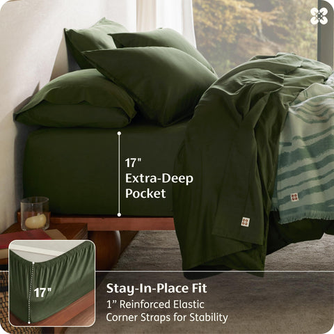 Bedsure fitted sheet stretched over mattress showing 17-inch deep pocket benefit