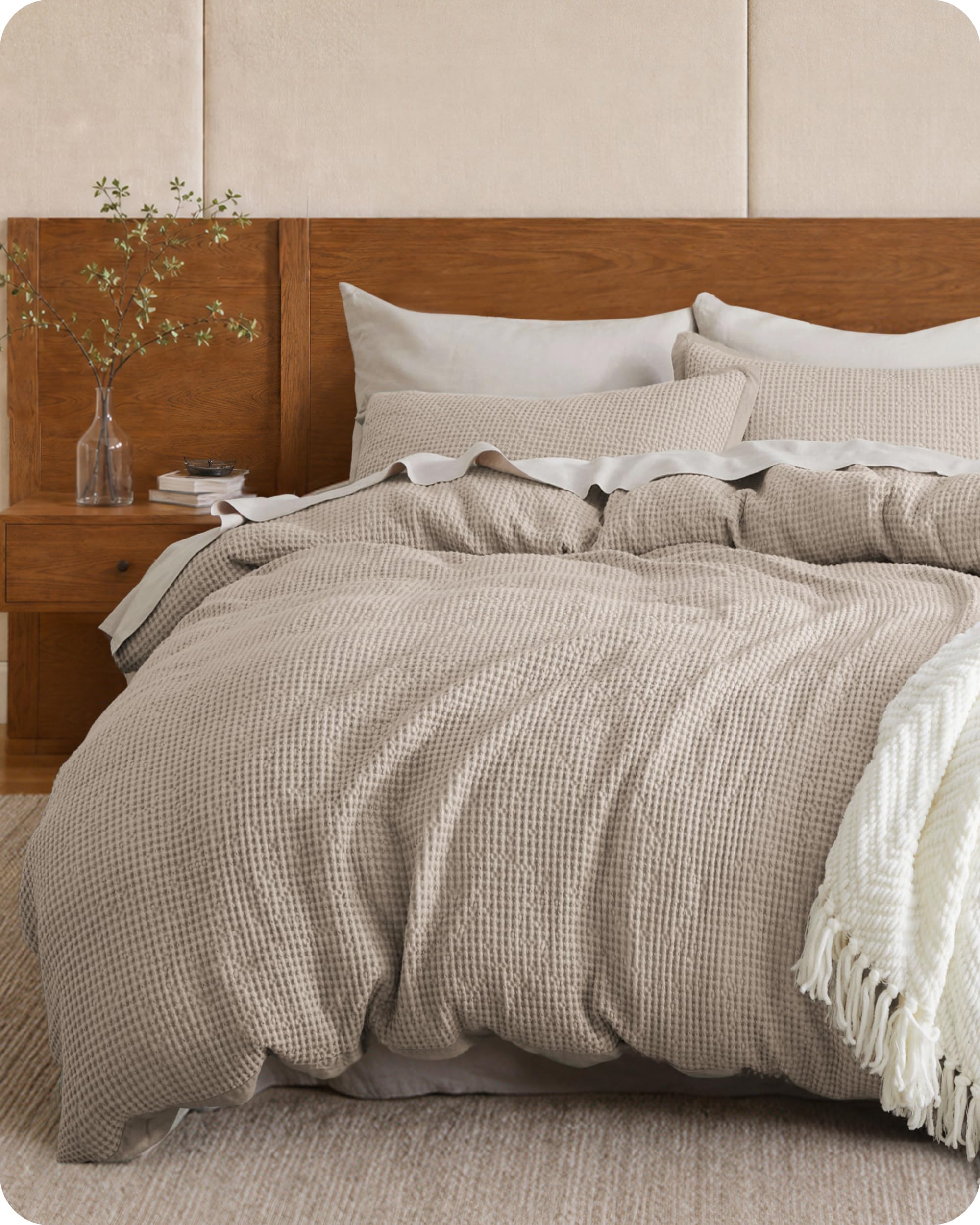 Bedsure PureWoven king duvet cover front view showing khaki color and relaxed look