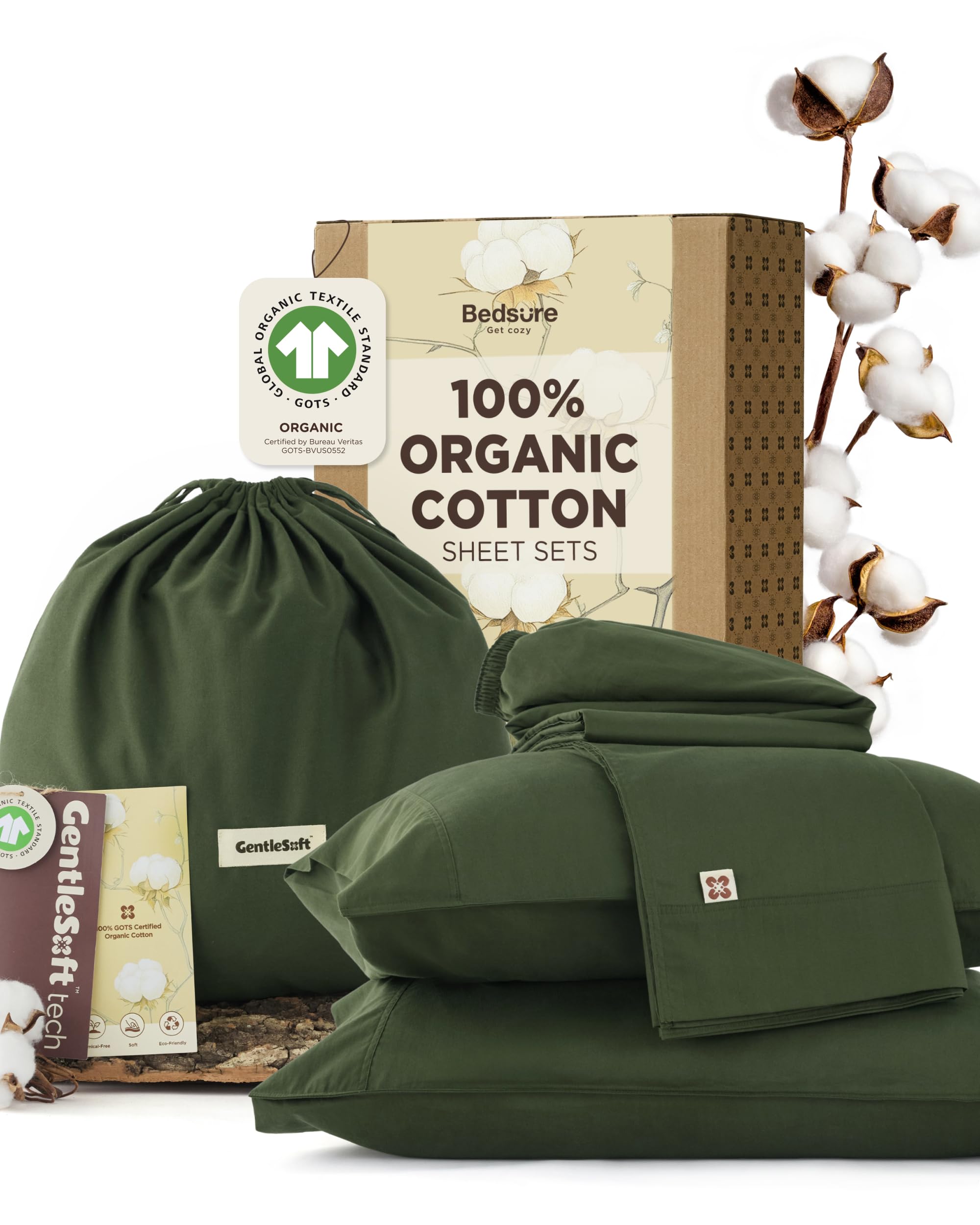 Bedsure front packaging showing PureWoven set and organic certification benefits