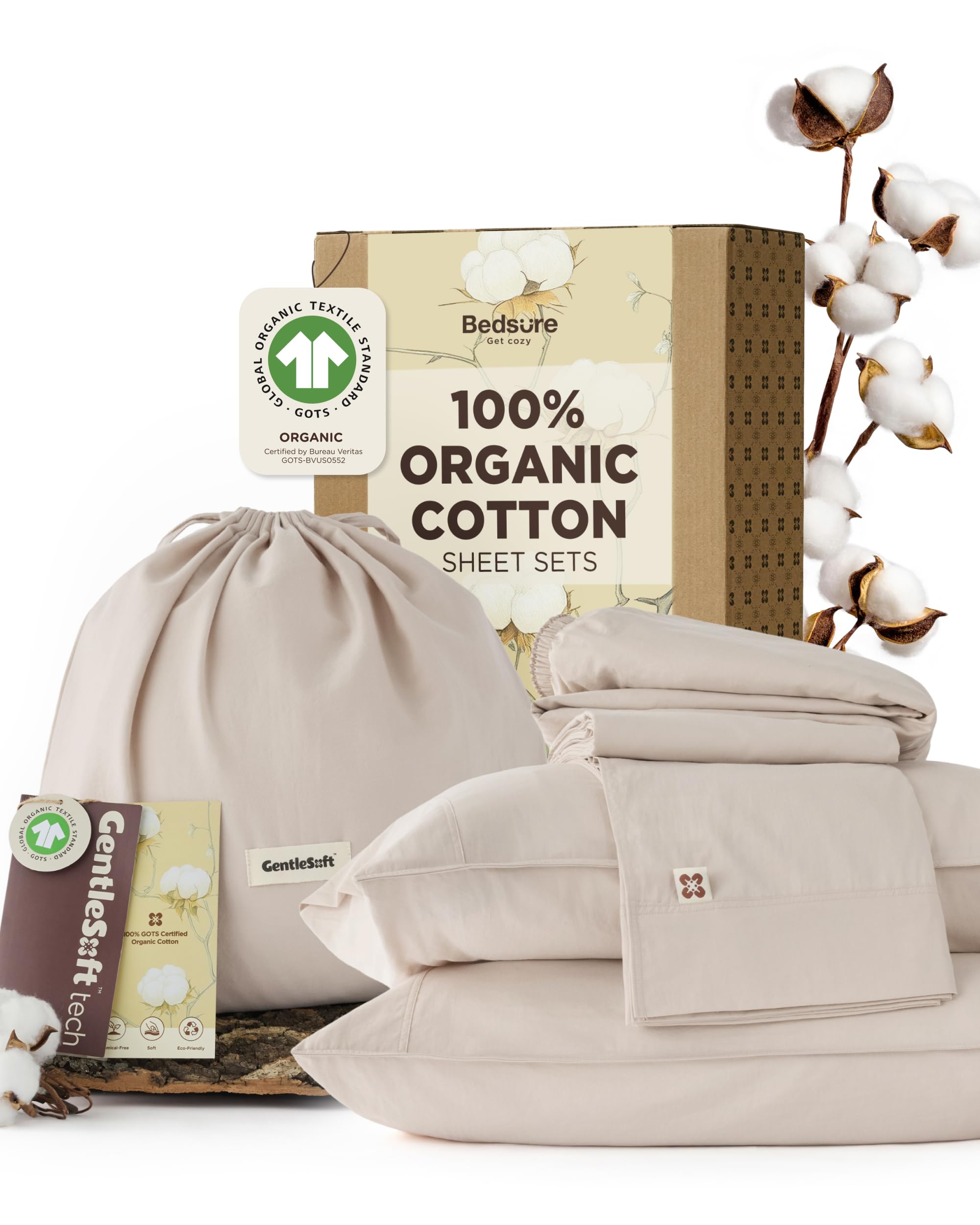 Bedsure front packaging showing organic cotton set and eco benefits