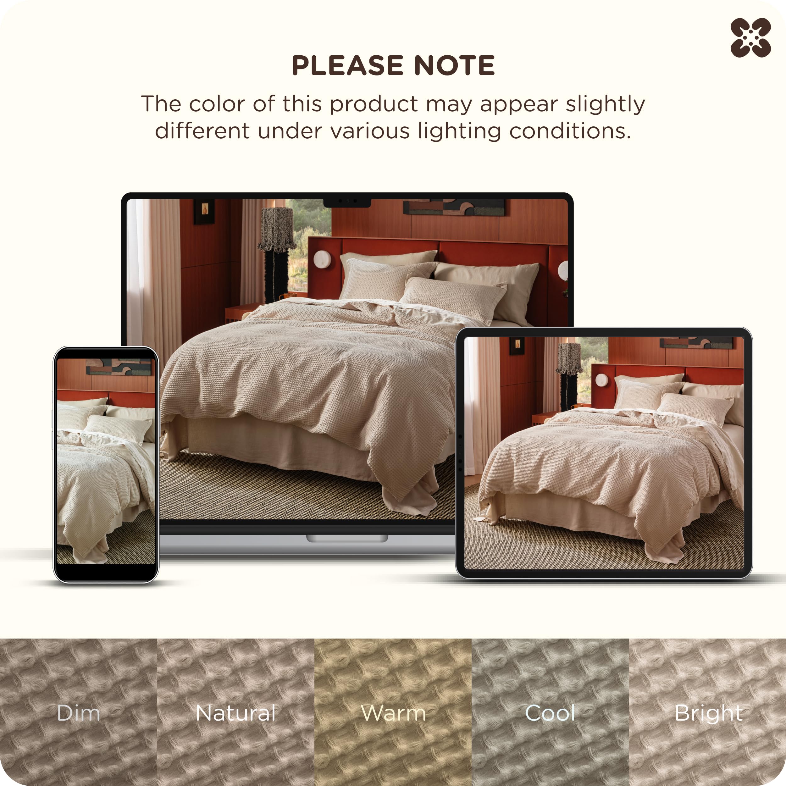 Bedsure PureWoven styled bedroom scene showing khaki set creating calm atmosphere
