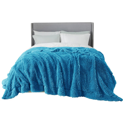 Bedsure front view of bright blue blanket shows plush look and instant decor uplift
