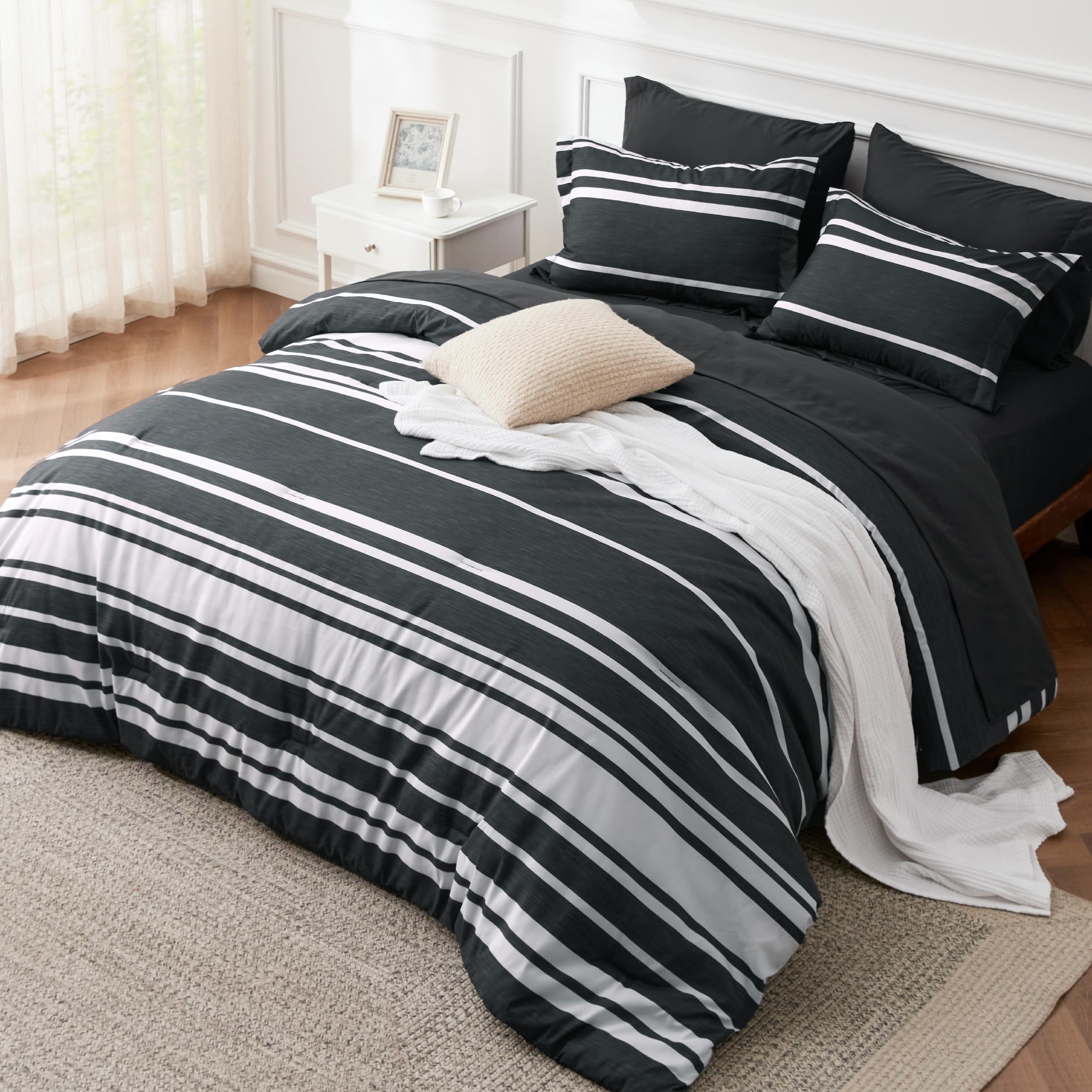 Bedsure front view of queen comforter set showing sleek black stripes and neat drape