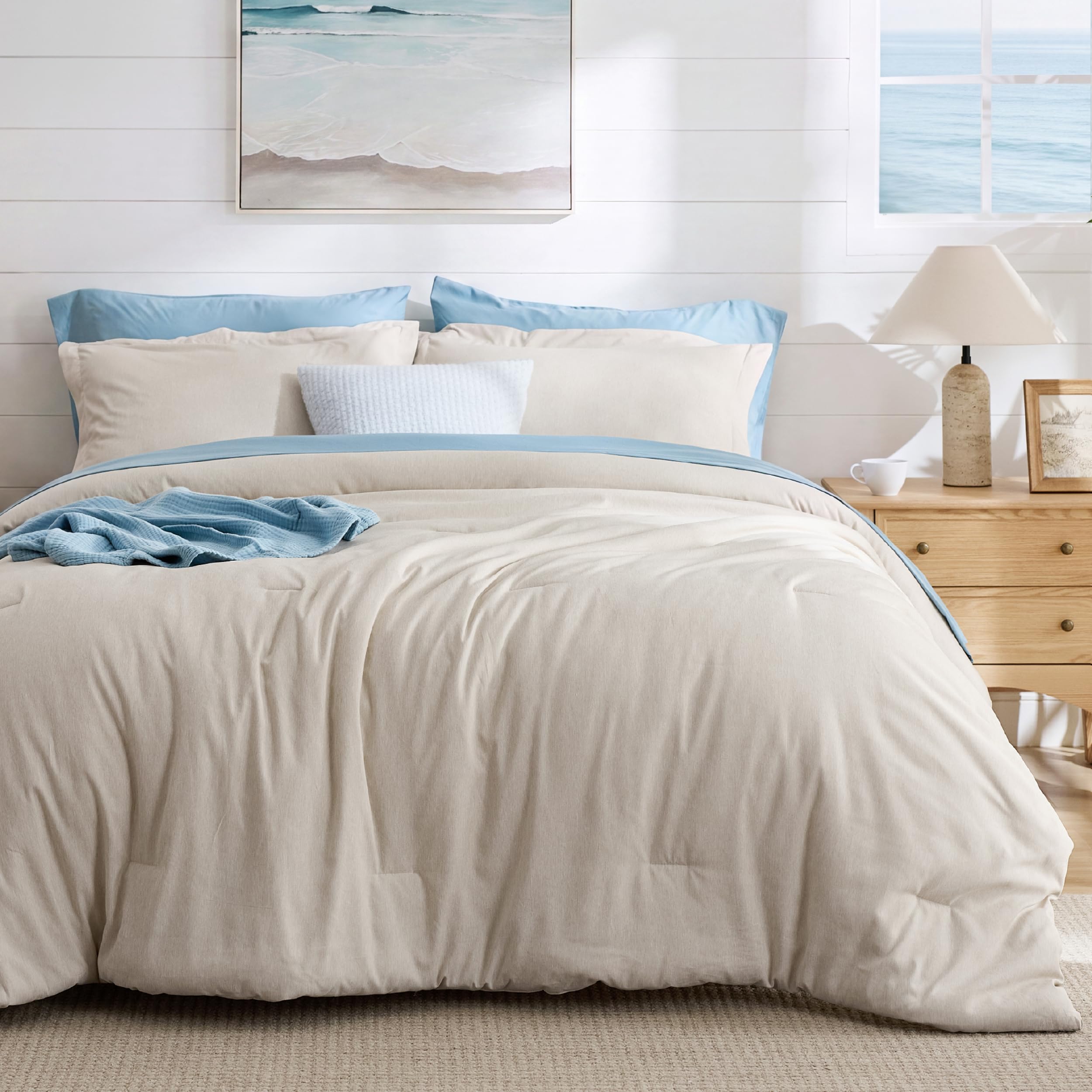 Bedsure queen comforter front view showing full beige bedding and neat drape
