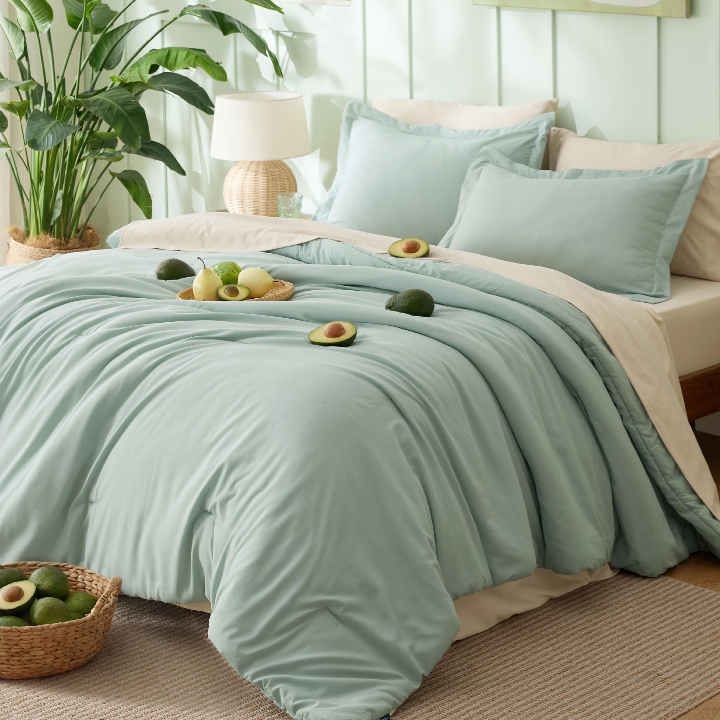 Bedsure comforter front view showing sage color and inviting loft