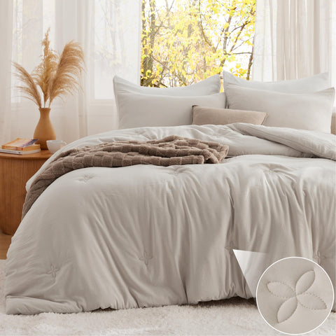 Bedsure queen comforter front view showing beige color and inviting comfort