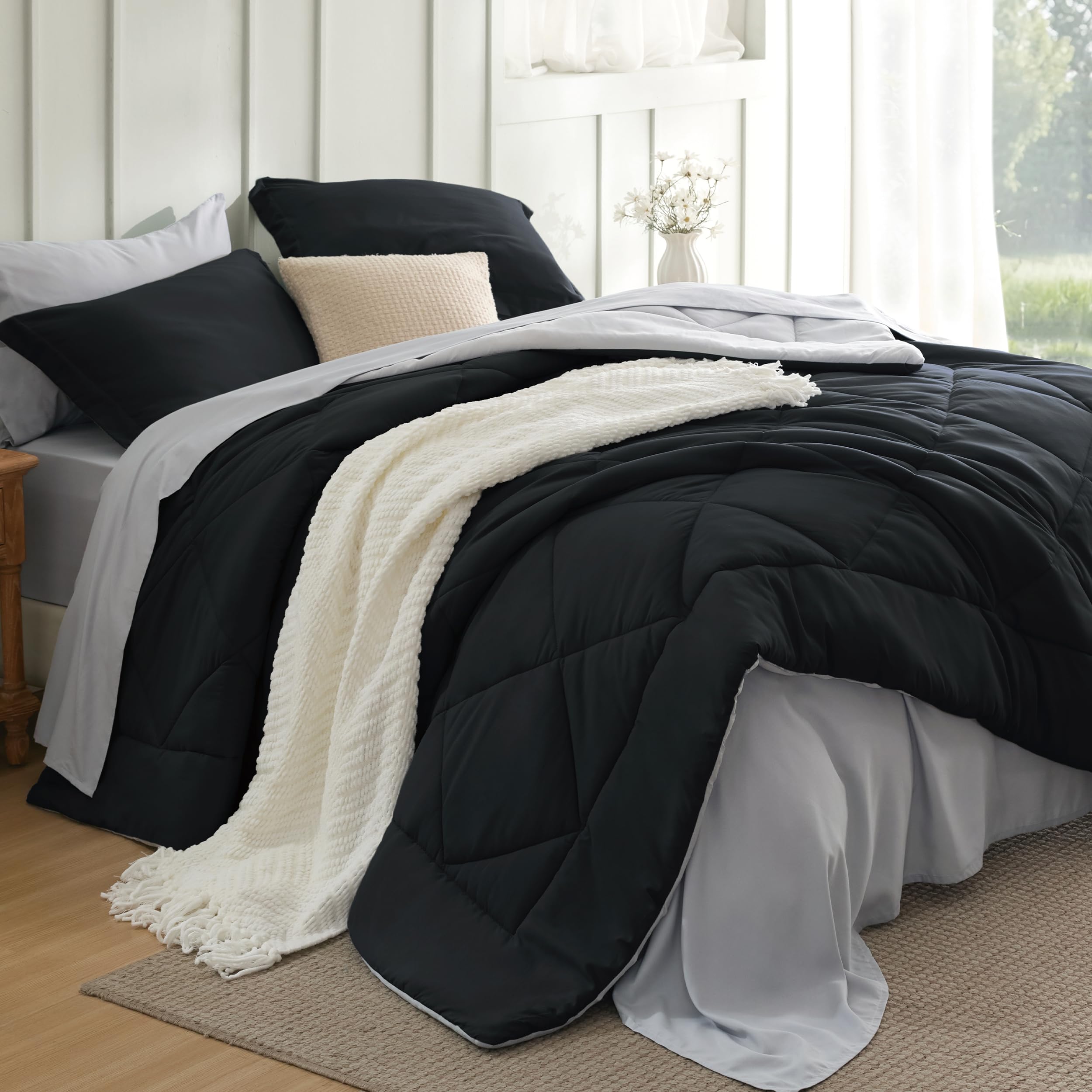 Bedsure front view of set showing dark black and silver grey for instant room update