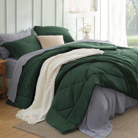 Bedsure front view of packaged queen set showing forest green and dark grey — easy styling