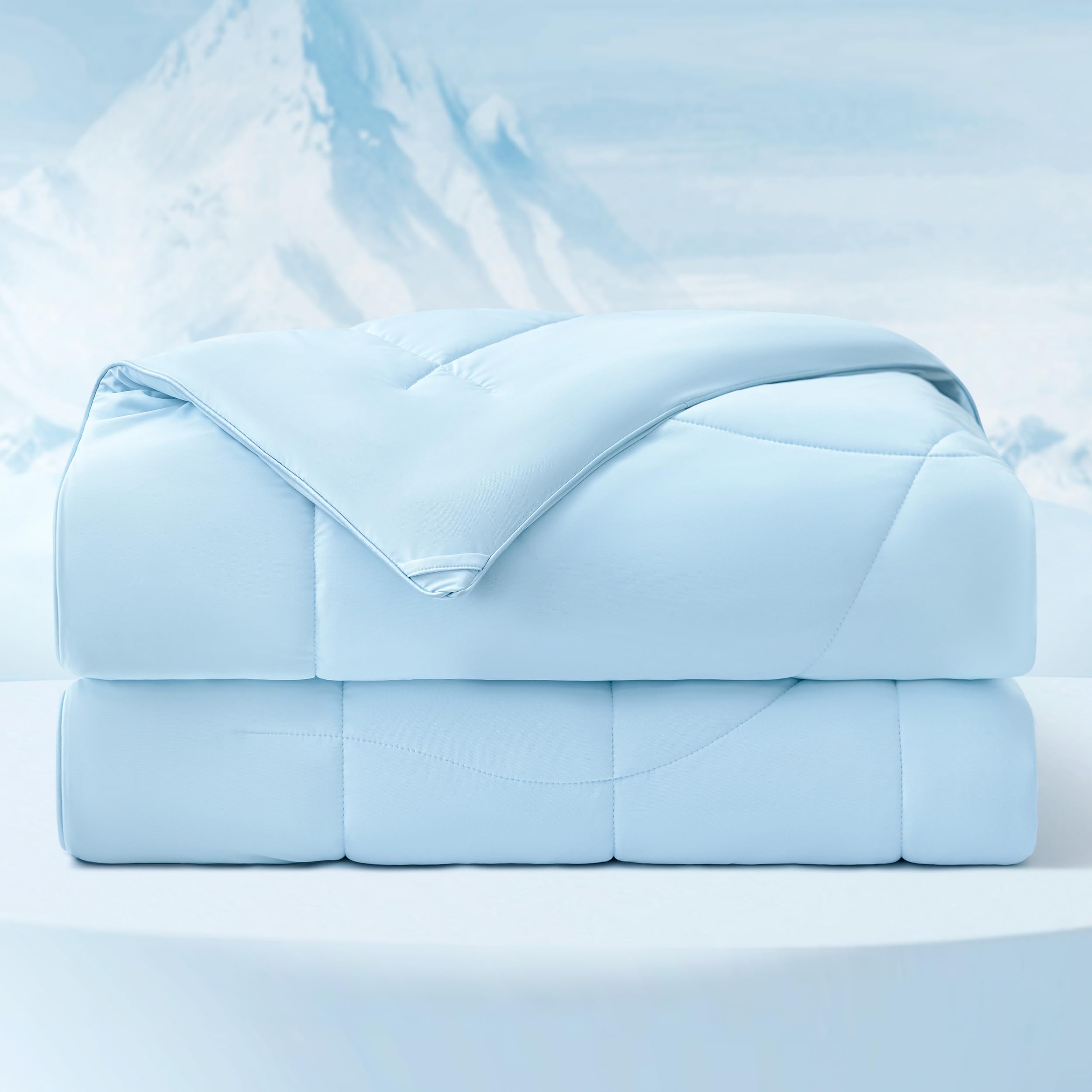 Bedsure queen comforter front view showing full blue coverage and cool look
