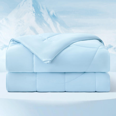 Bedsure queen comforter front view showing full blue coverage and cool look