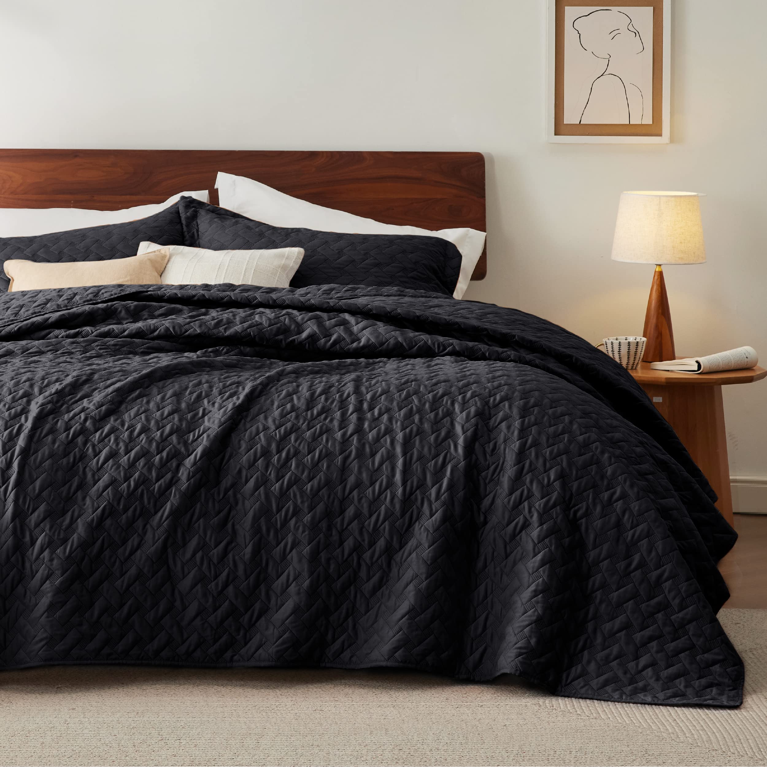 Bedsure queen front view showing black bedspread and neat drape for elegant bedroom styling