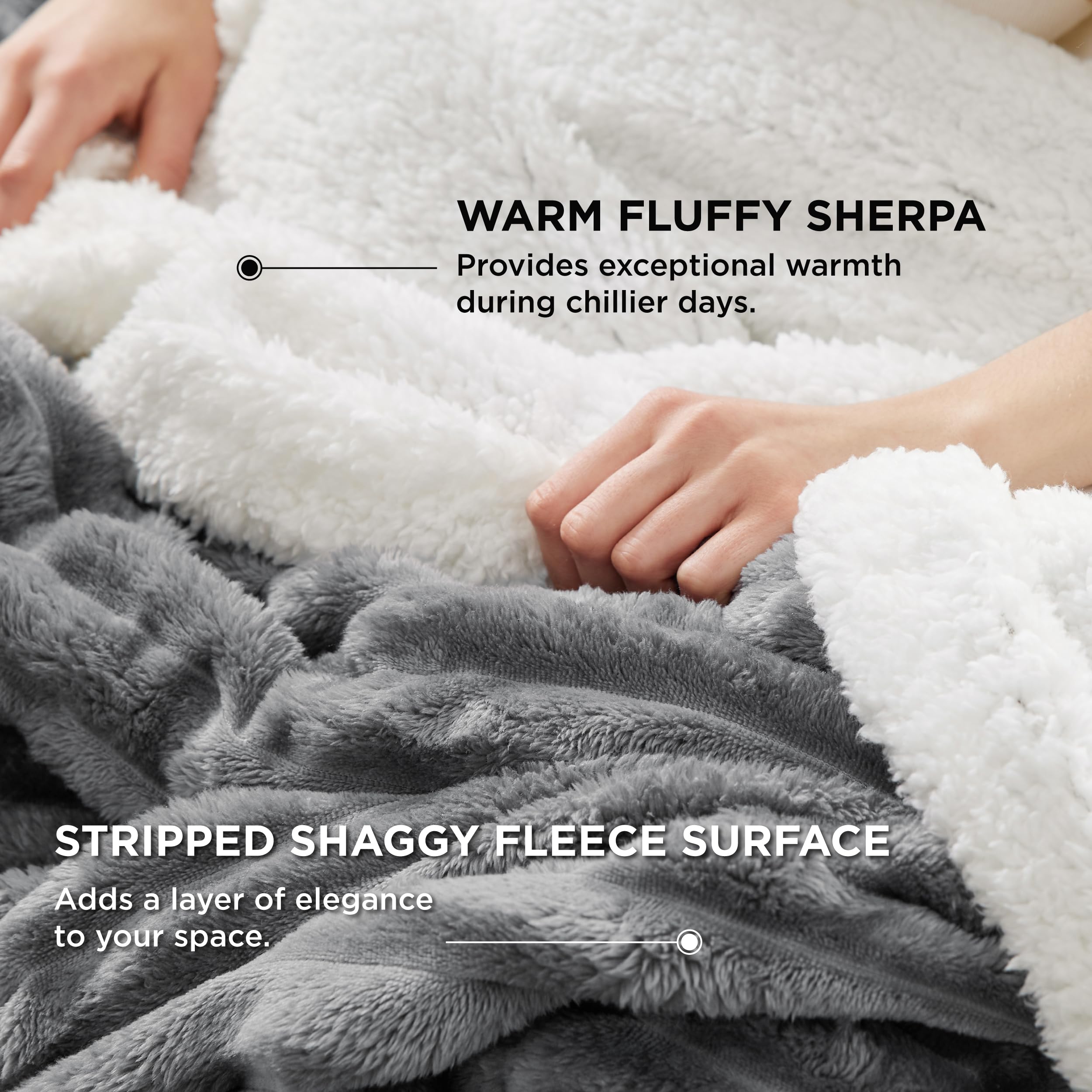 Bedsure reversible view showing soft top and fluffy sherpa back for versatility