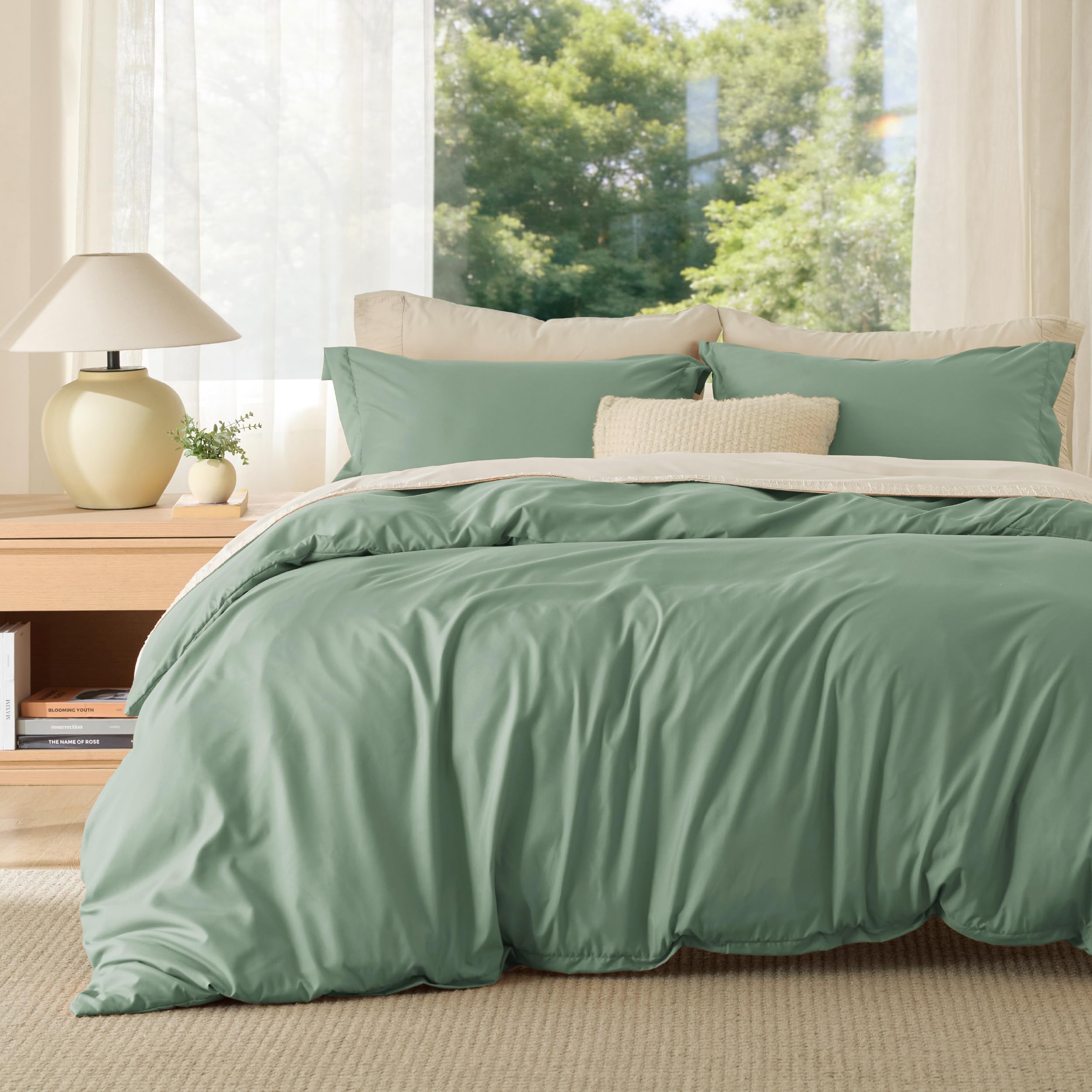 Bedsure sage green duvet cover front view showing serene color and calm look