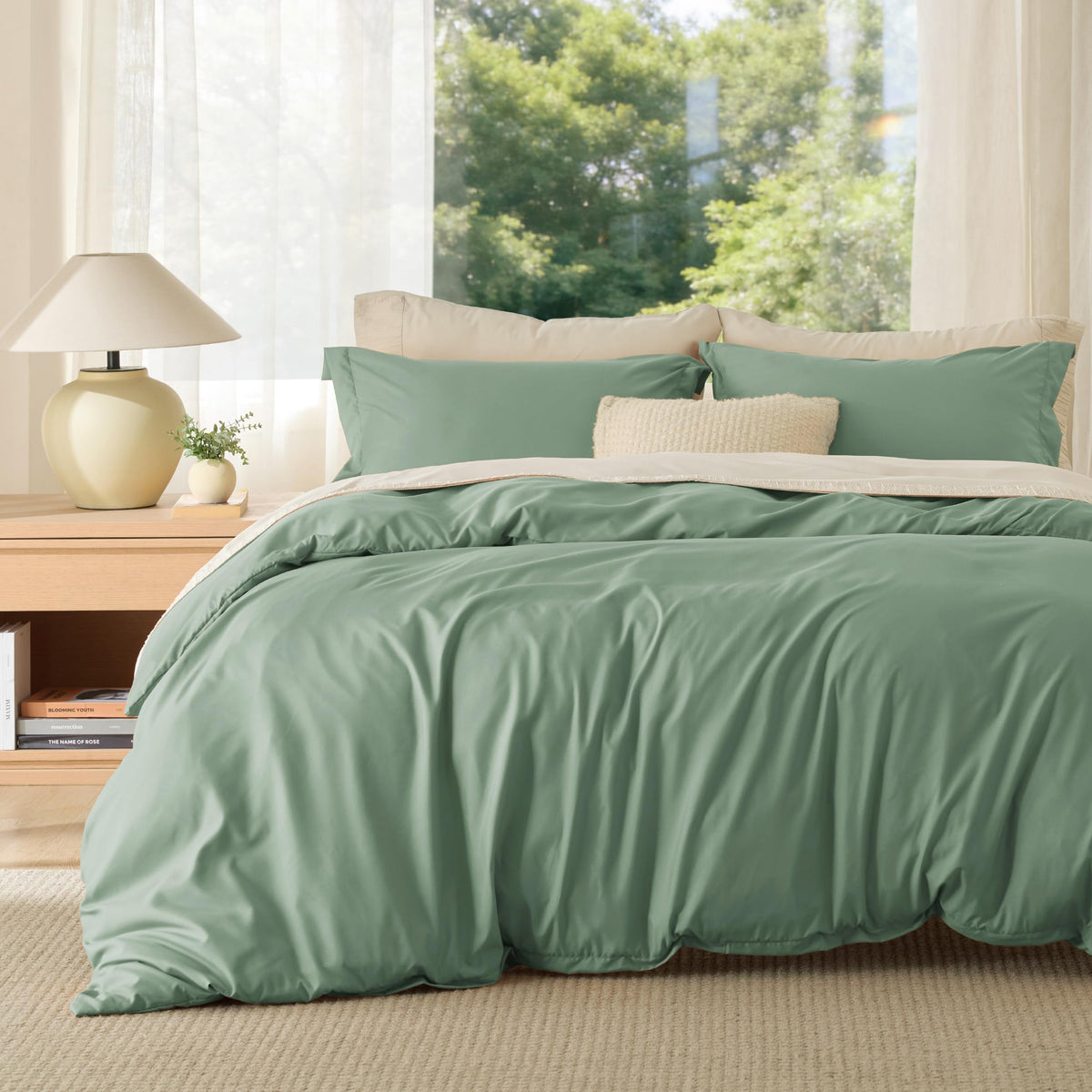 Bedsure sage green duvet cover front view showing serene color and calm look