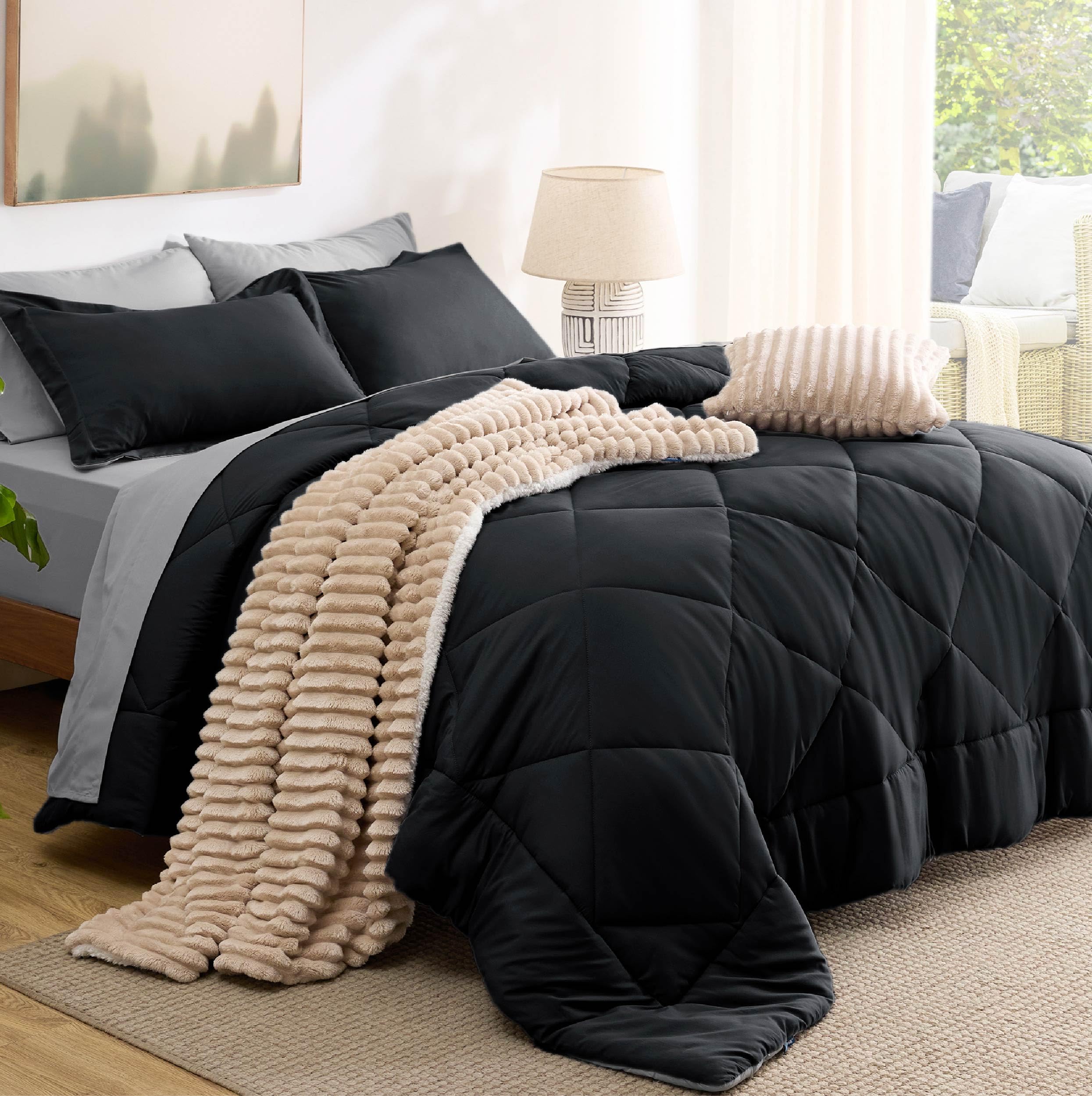Bedsure queen set on mattress showing actual scale and complete bedding coverage