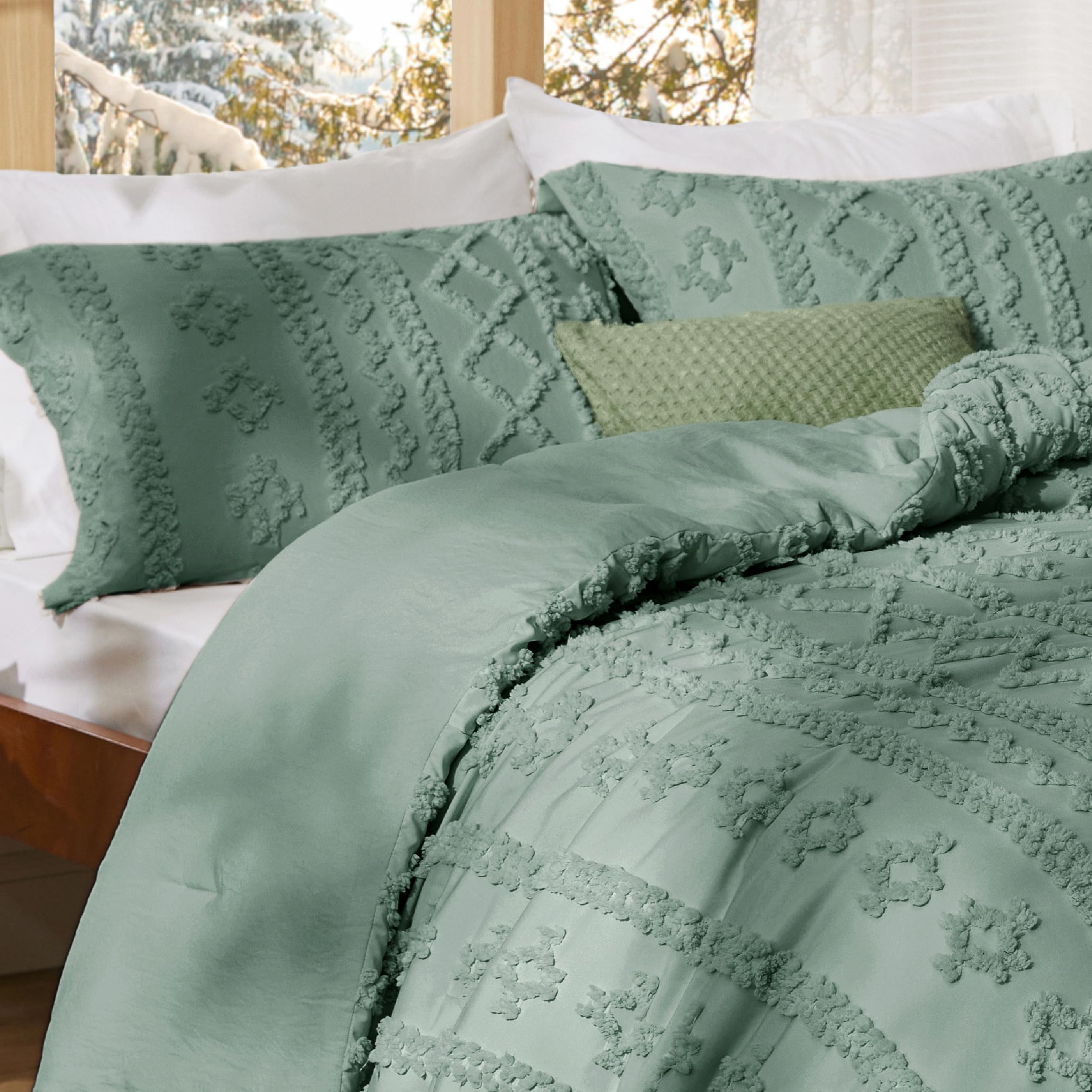 Bedsure comforter on queen bed for scale showing full coverage and drape