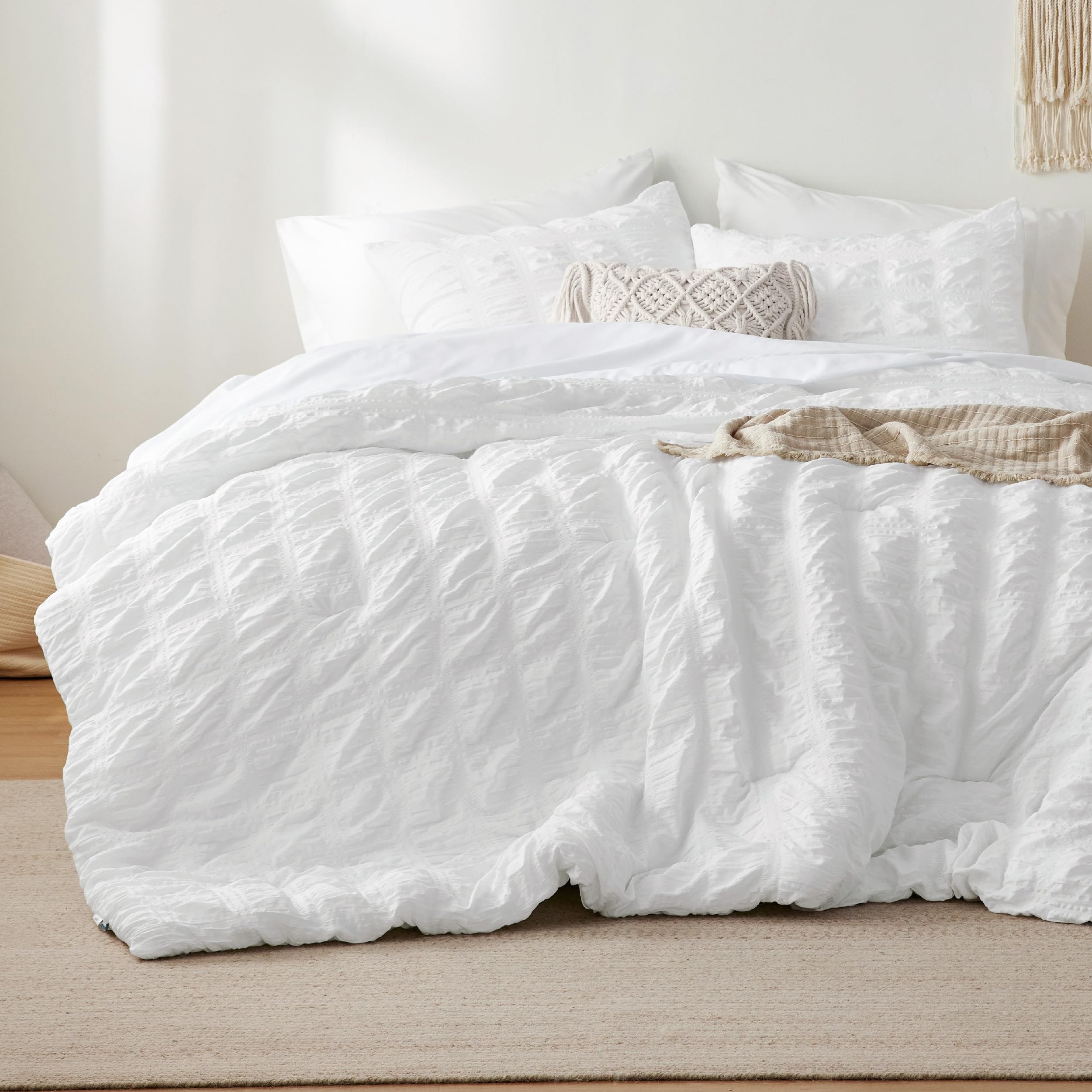 Bedsure comforter front view showing full white seersucker bedding benefit: polished bedroom look