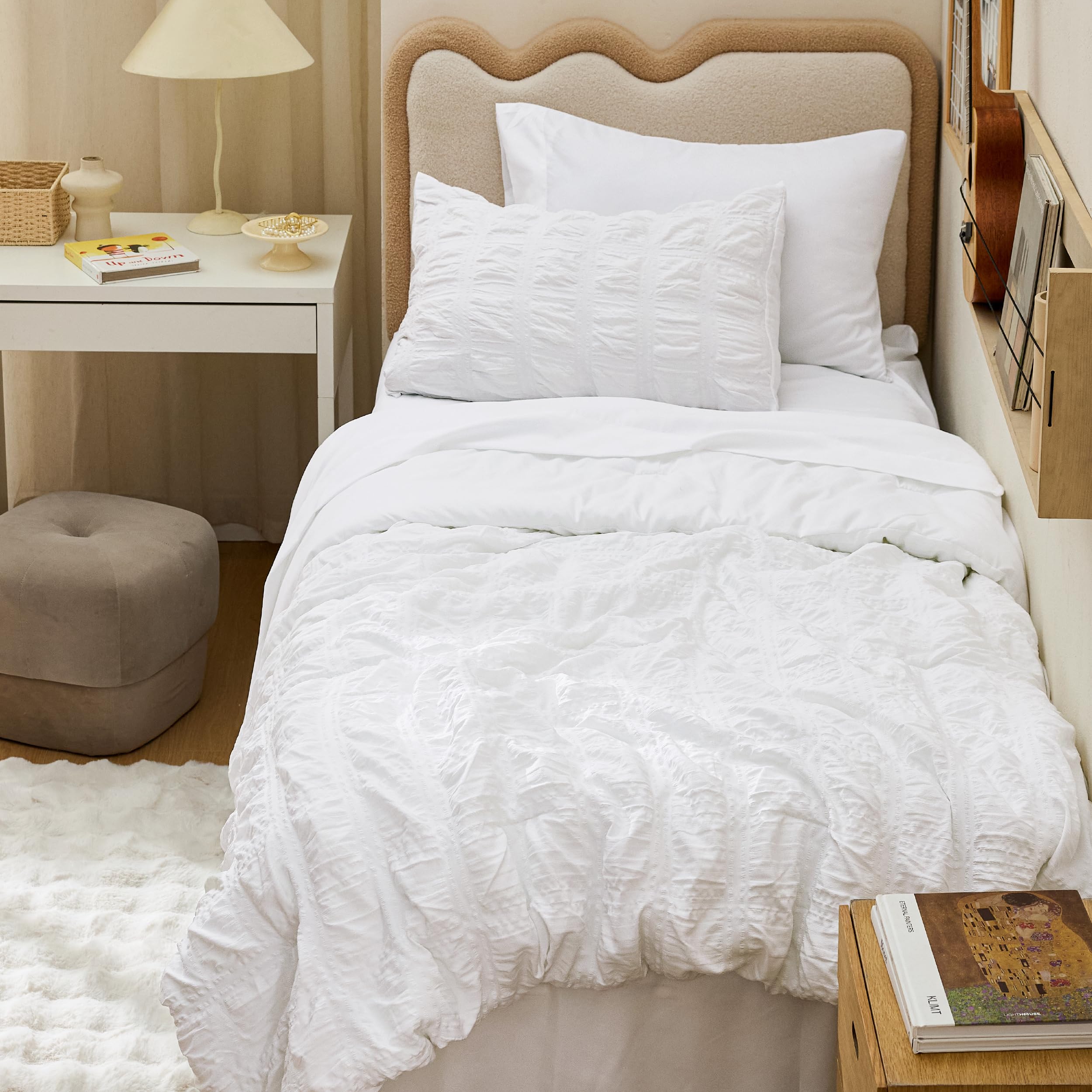 Bedsure set in dorm room lifestyle showing coordinated bedding for quick room setup