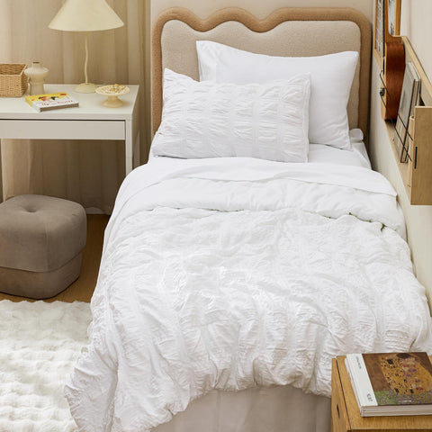 Bedsure set in dorm room lifestyle showing coordinated bedding for quick room setup