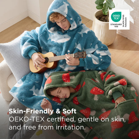 Bedsure shark hoodie worn by model demonstrating mobility and cozy coverage
