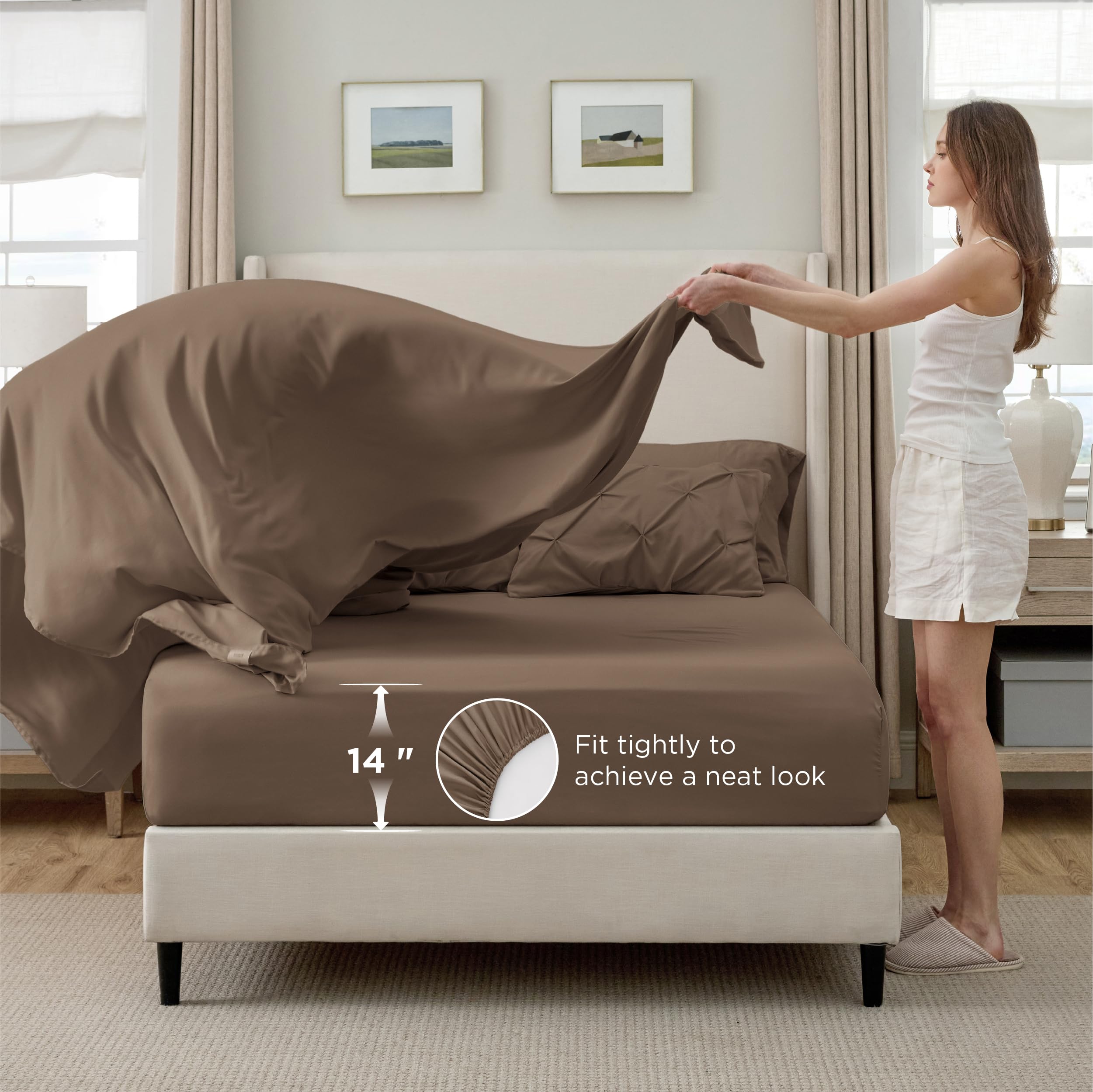 Bedsure fitted sheet corner elastic close-up illustrating secure fit and ease of use