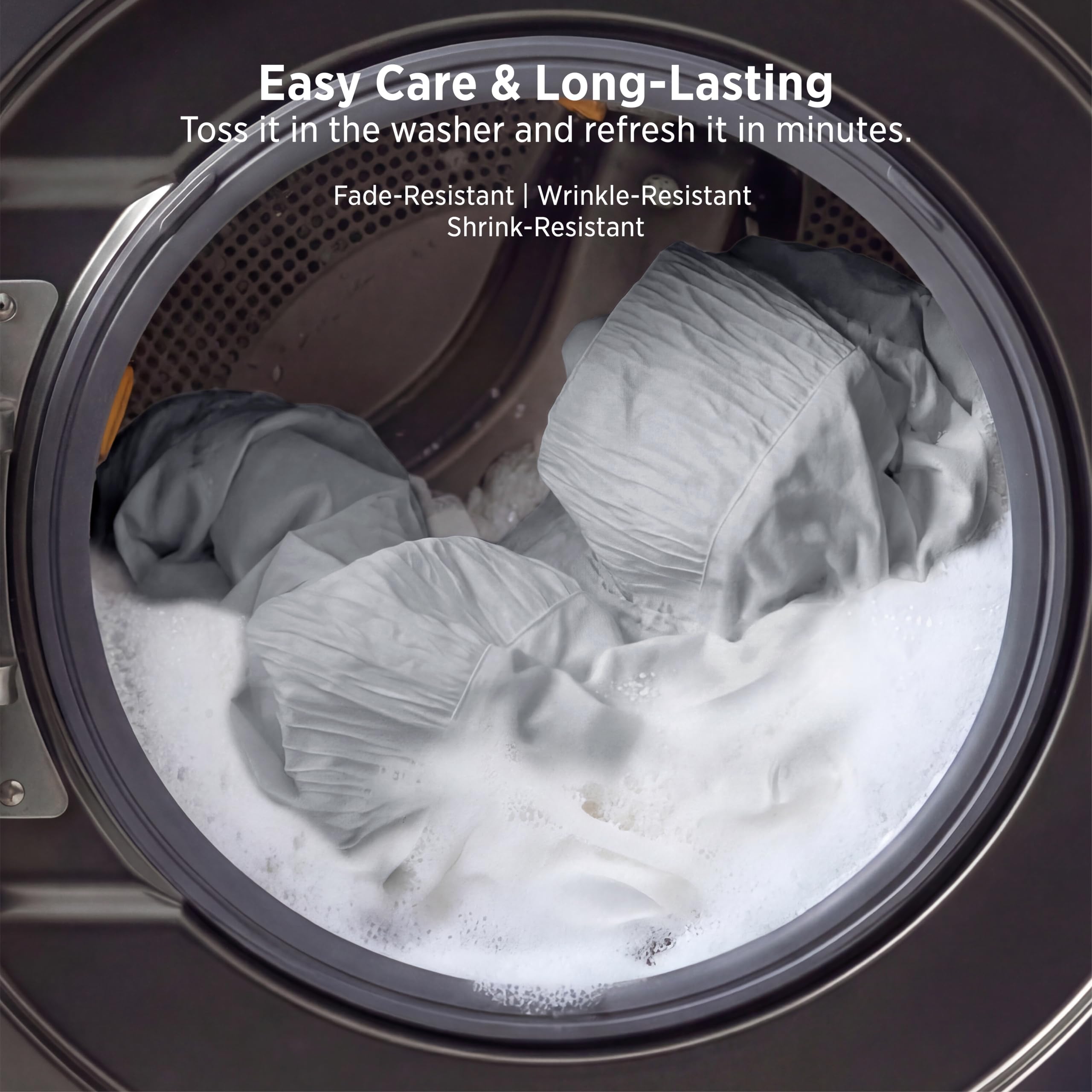 Bedsure sheets in laundry basket highlighting machine-washable durability