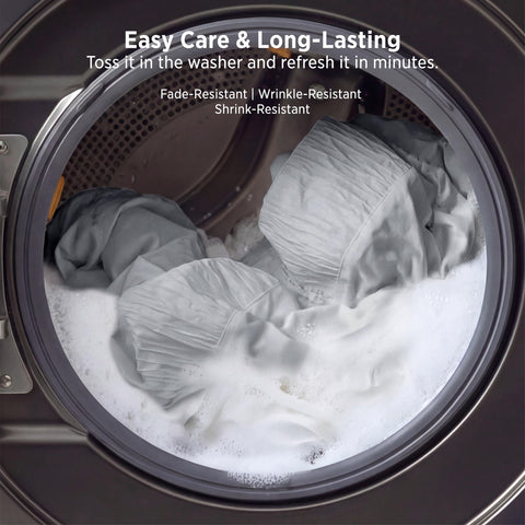 Bedsure sheets in laundry basket highlighting machine-washable durability
