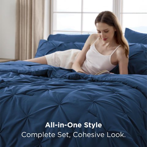 Bedsure flat and fitted sheets displayed, easy-care and smooth fit