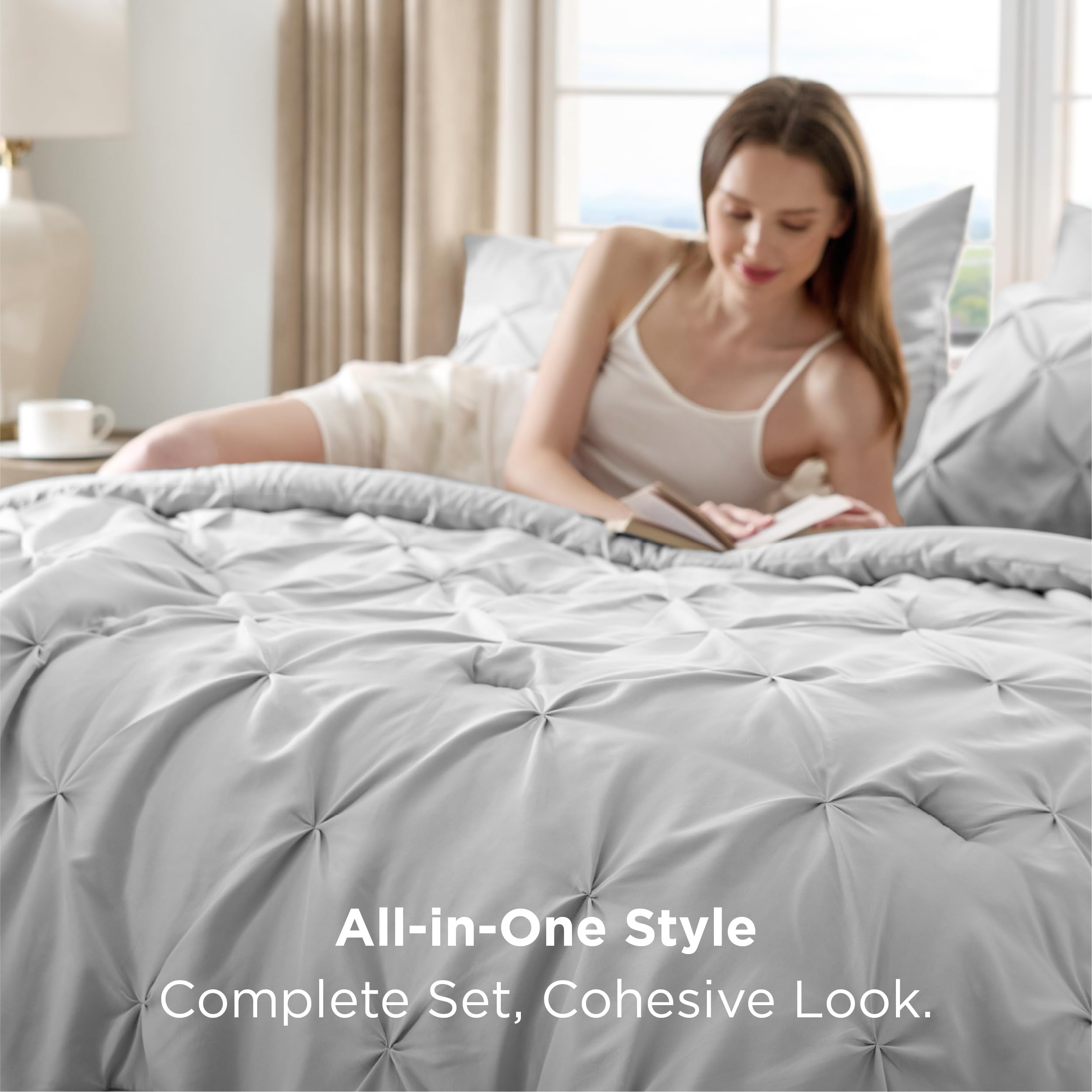 Bedsure flat lay of fitted sheet, flat sheet, and pillowcases showing coordinated set