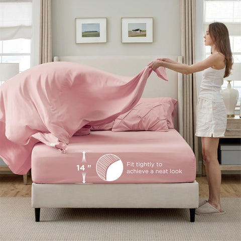 Bedsure flat lay of fitted and flat sheets showing smooth finish and fitted fit