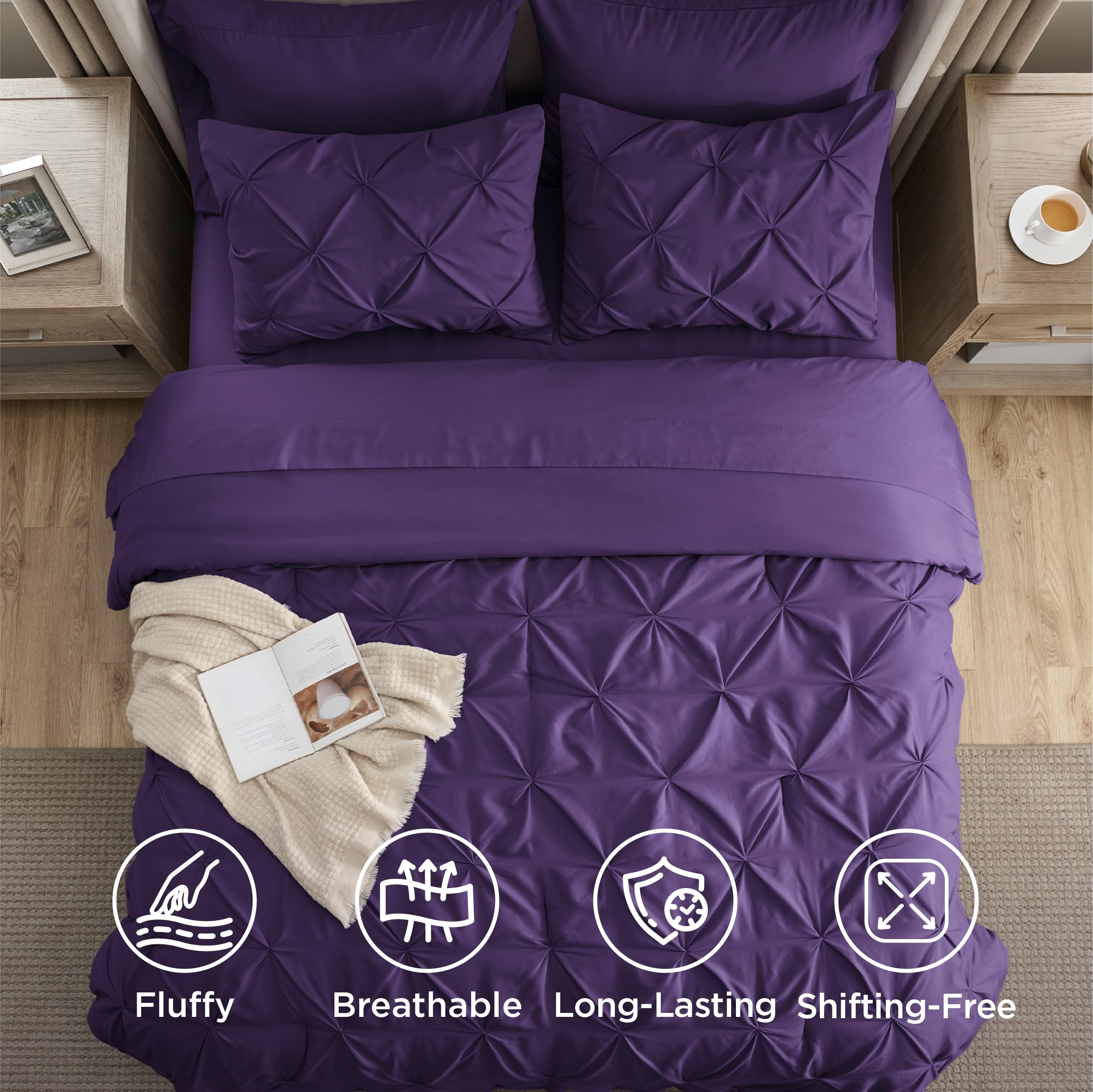 Bedsure folded sheet set in purple showing smooth fabric and neat storage