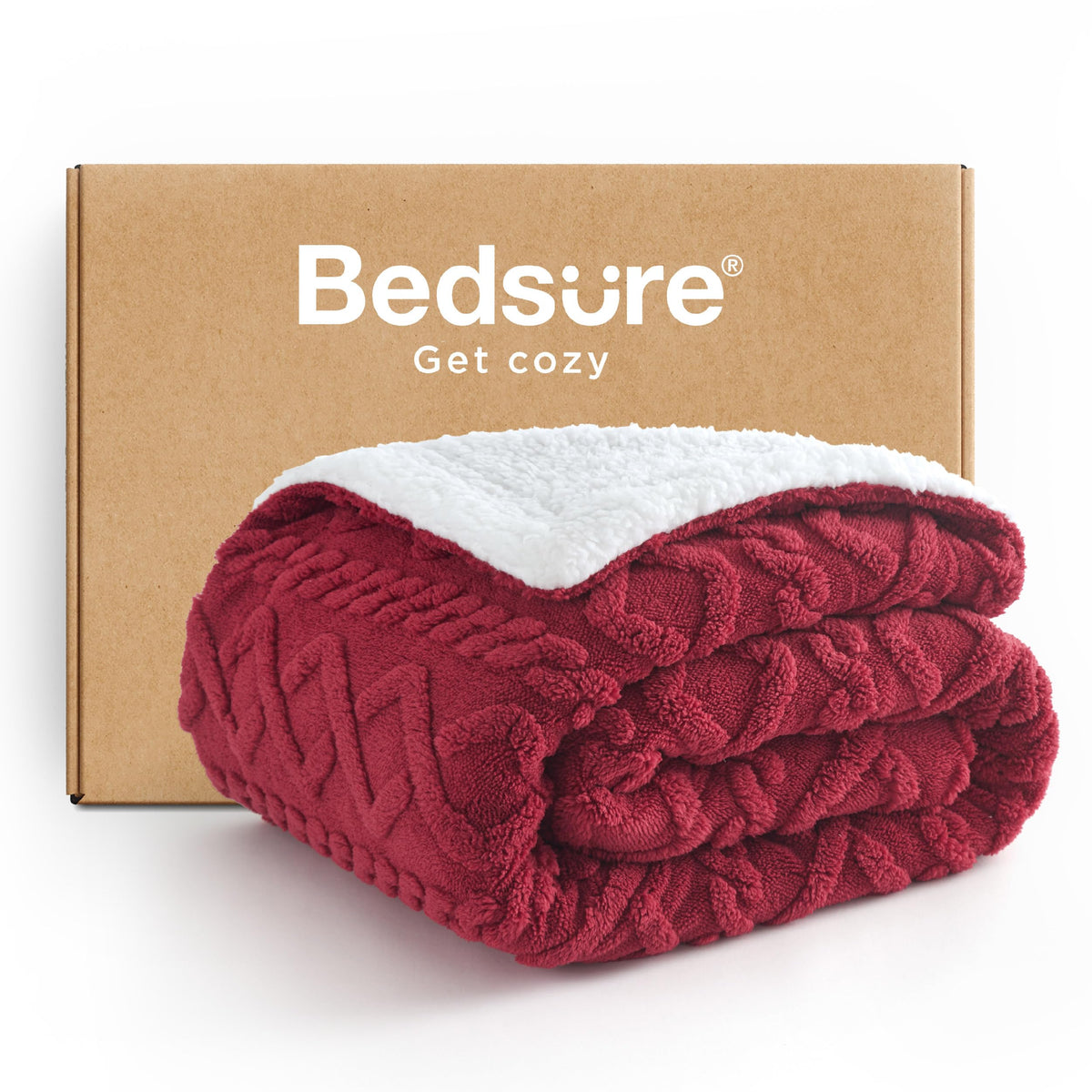 Bedsure blanket front folded showing red sherpa for cozy texture