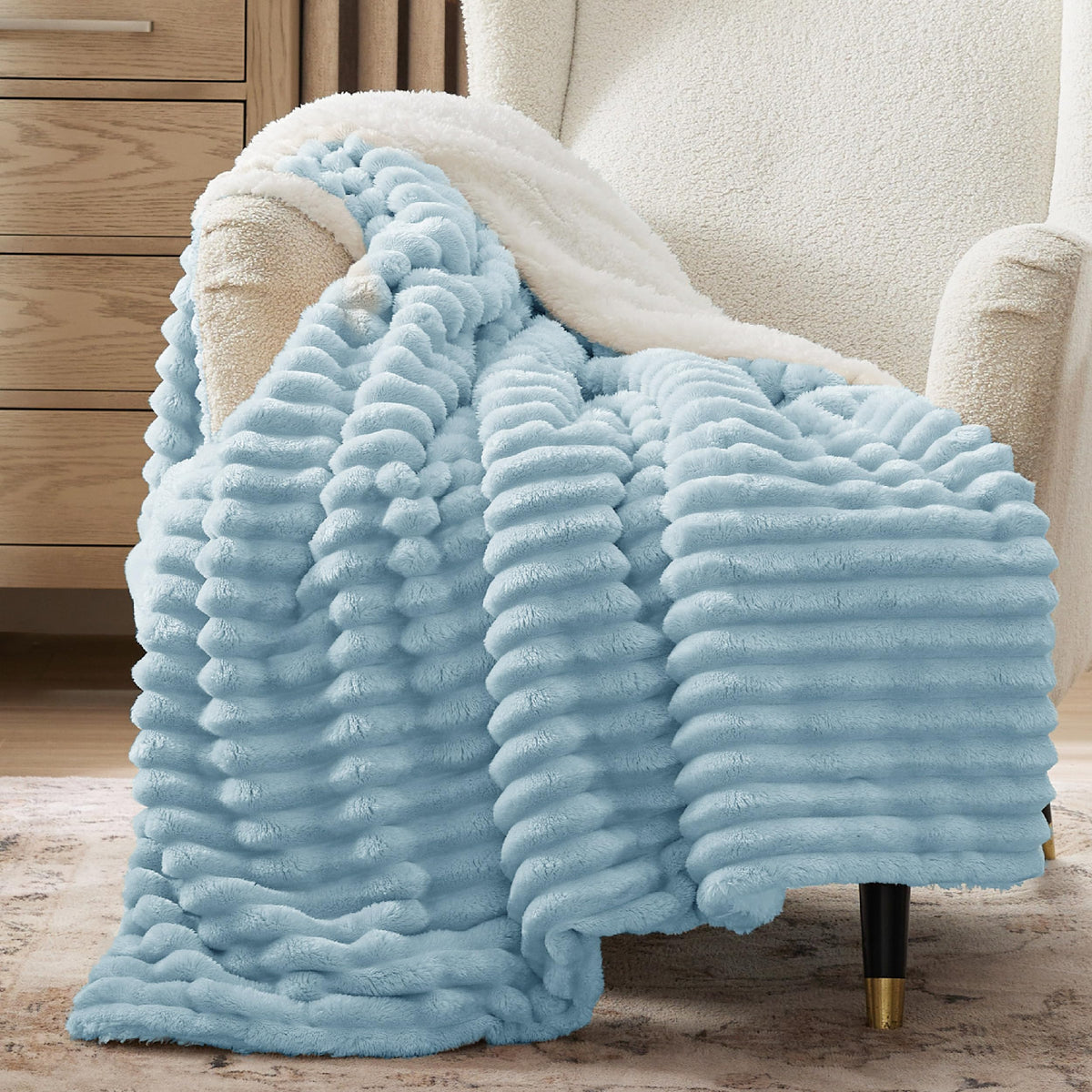 Bedsure blanket front view showing stripe pattern and sky blue color for stylish warmth