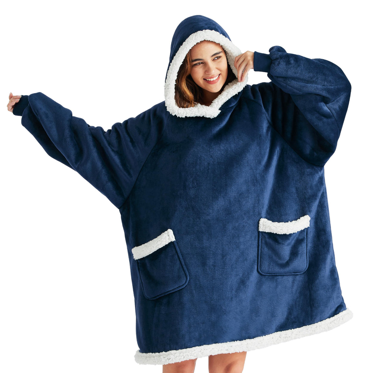 Bedsure front view of navy sherpa hoodie showing cozy fit and coverage