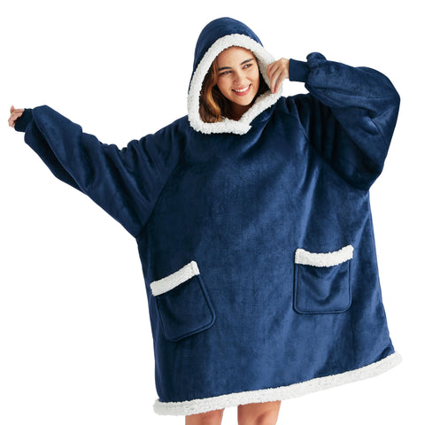 Bedsure front view of navy sherpa hoodie showing cozy fit and coverage