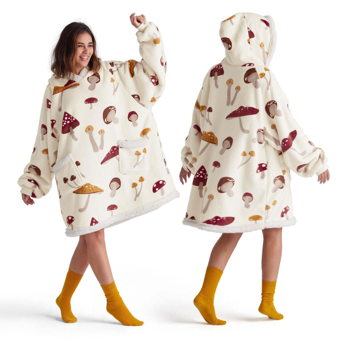 Bedsure mushroom sherpa hoodie front view showing oversized cozy fit