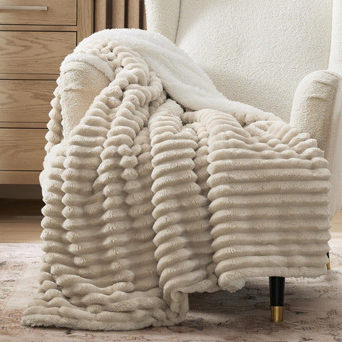 Bedsure beige throw front view showing stripe pattern and reversible sherpa for cozy styling
