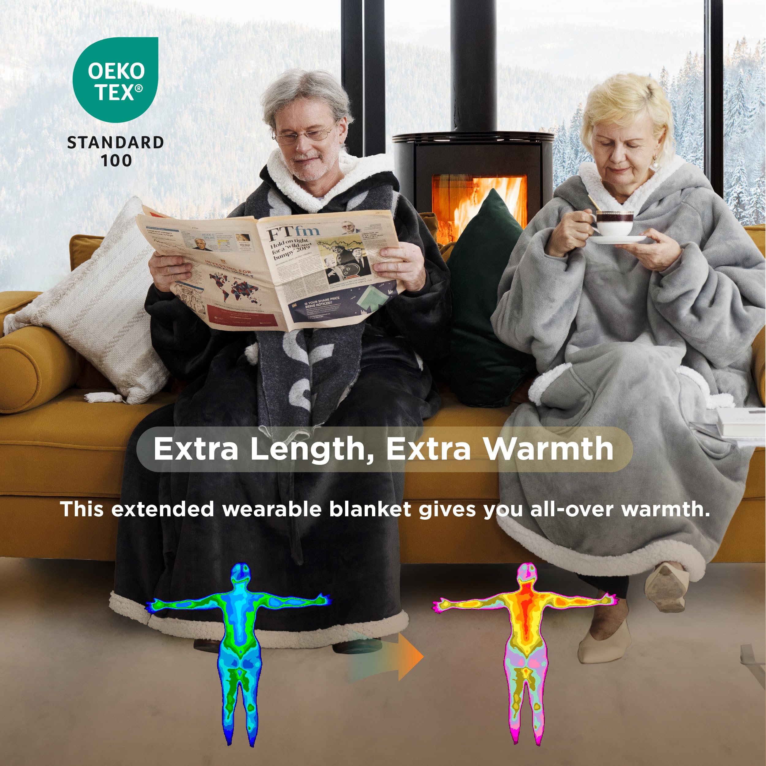 Bedsure on model illustrating length and fit for head-to-toe coverage