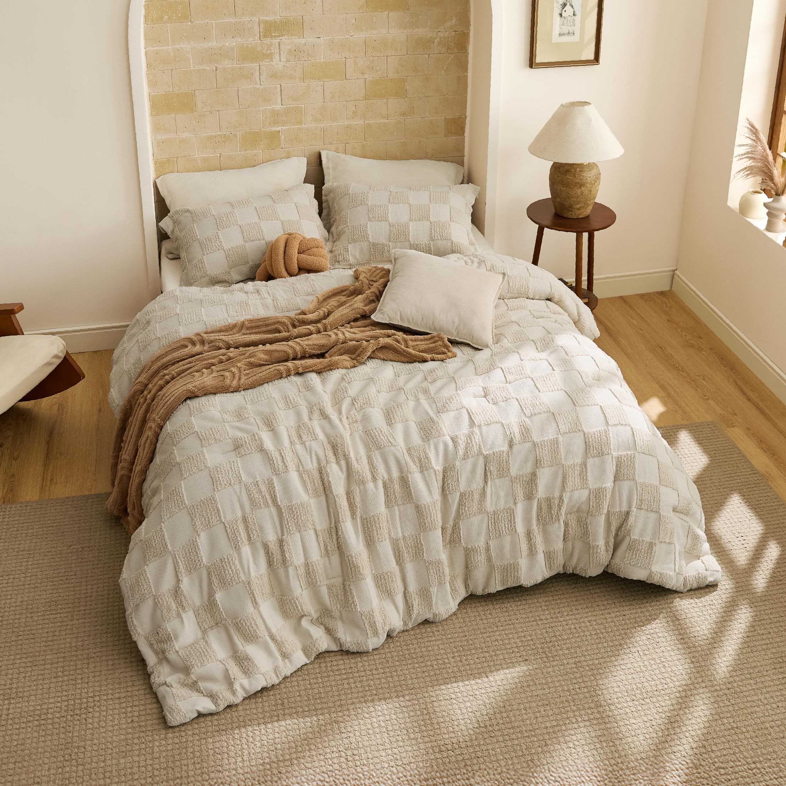 Bedsure comforter on full mattress illustrating fit and drape
