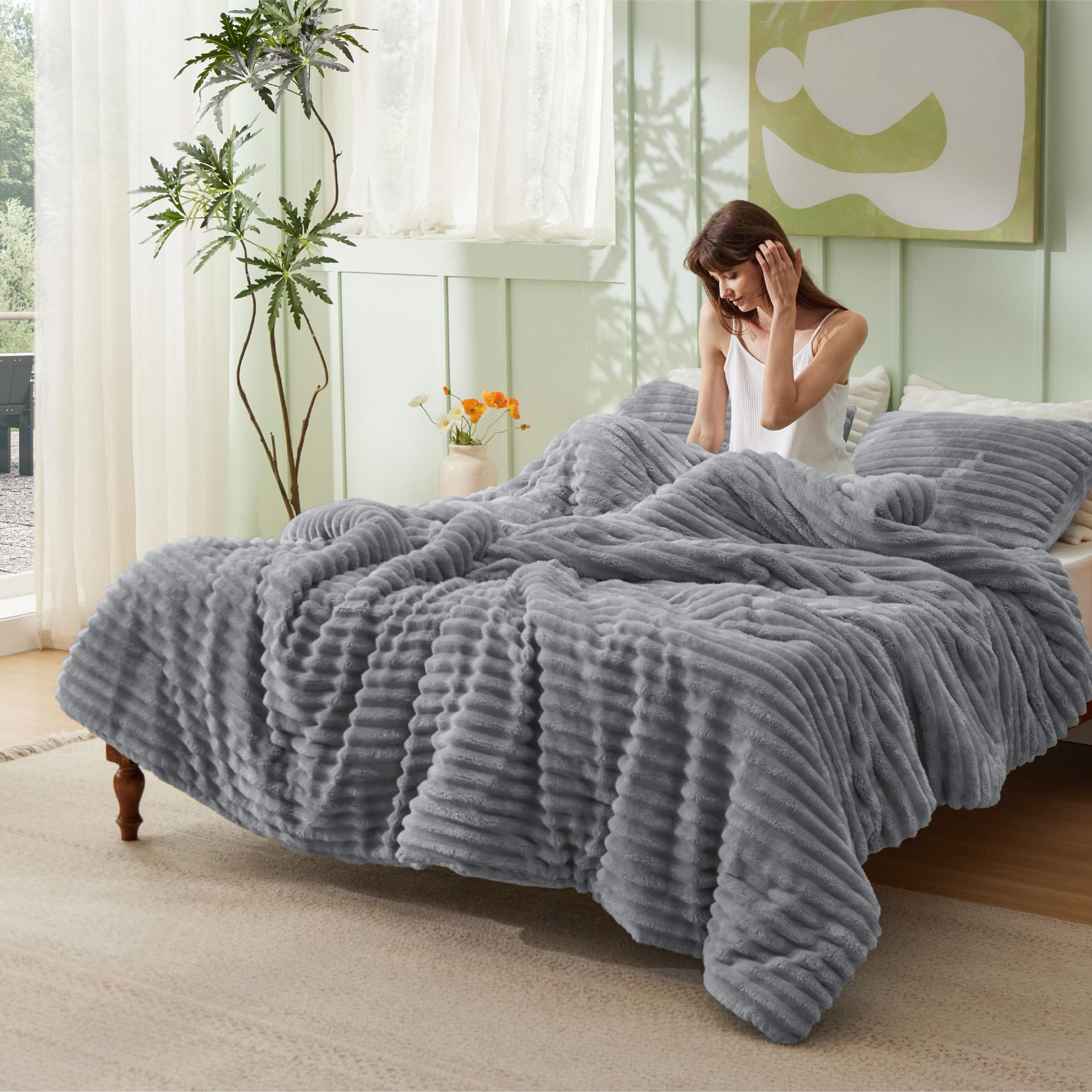 Bedsure comforter on full bed to illustrate 90x90 size and generous coverage
